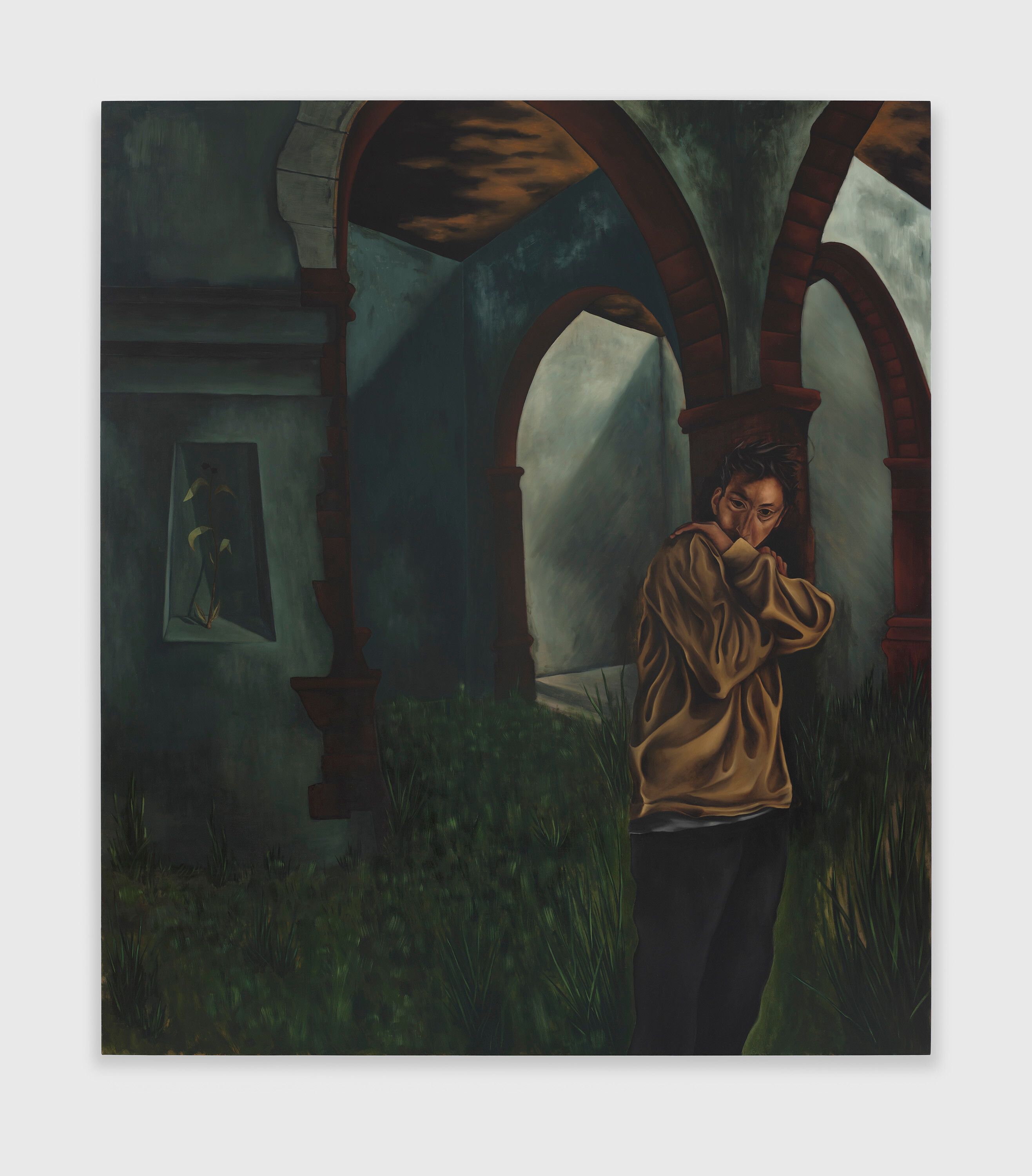 A painting by Lewis Hammond, titled figure in ruins, dated 2023.