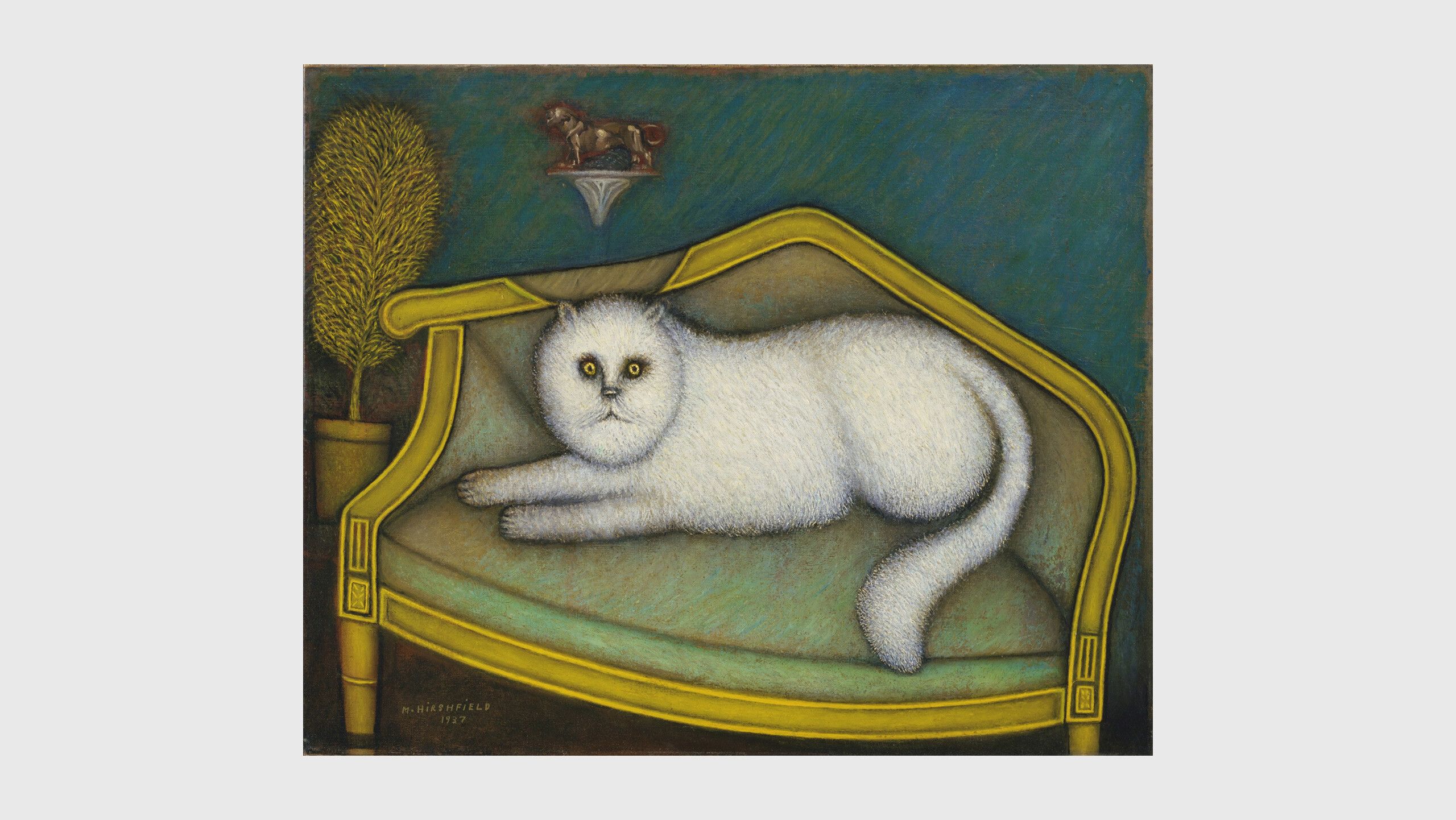 An artwork by Morris Hirshfield, titled Angora Cat, dated 1937-1939. The Museum of Modern Art, New York