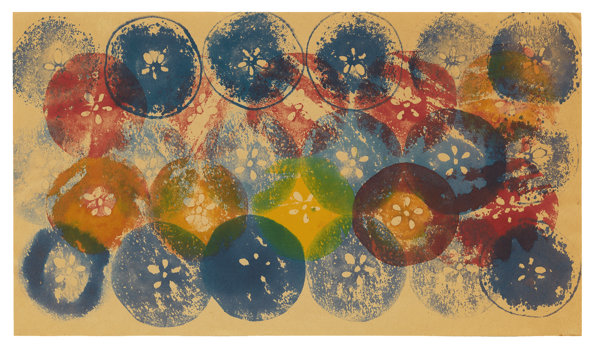 A work on paper by Ruth Asawa, titled Untitled (SF.049a, Apple Print - red/blue/yellow/orange), dated 1951 to 1952.