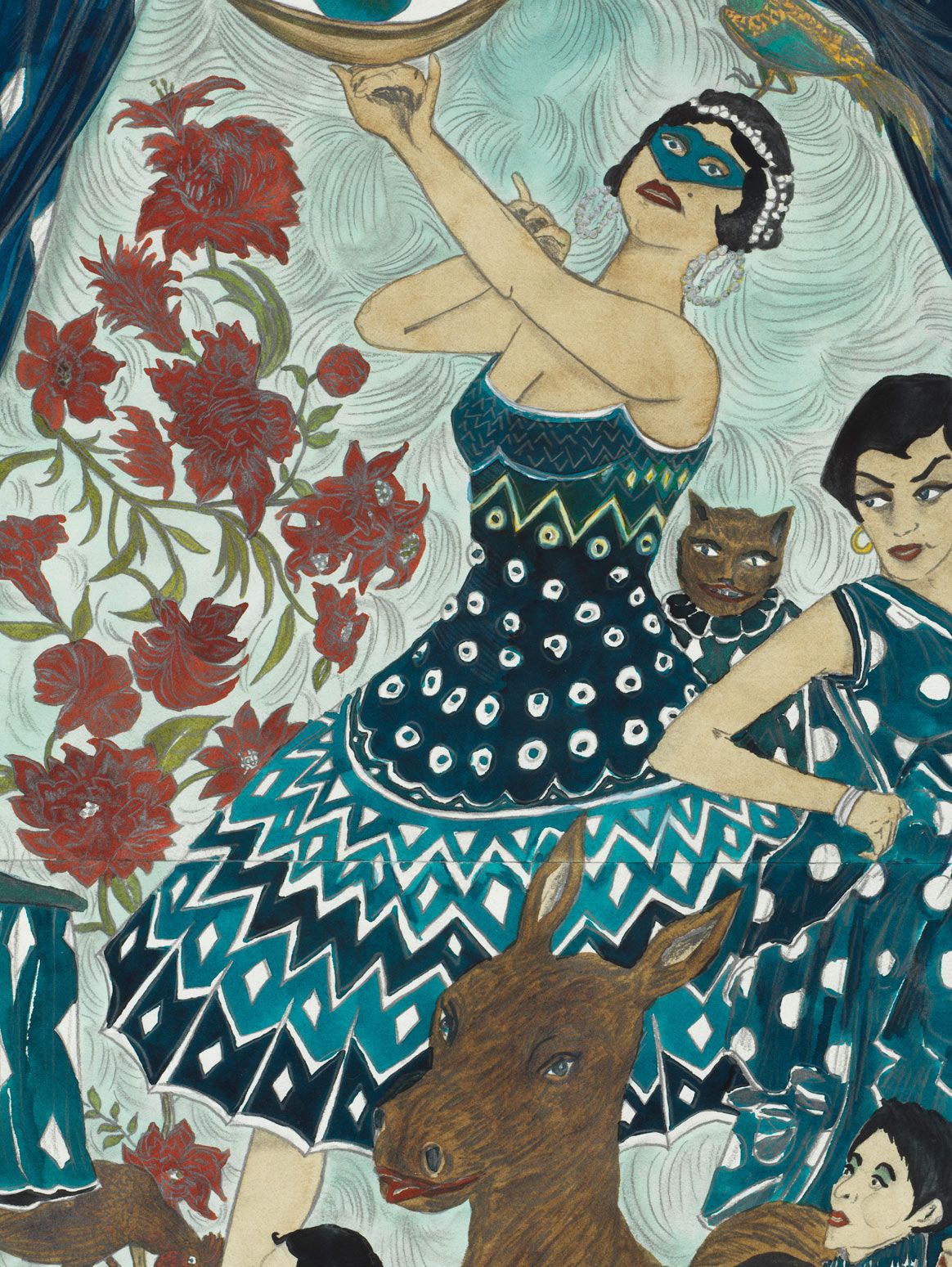 A detail from a work on paper by Marcel Dzama, titled As it all falls away, my love and I will ride away, dated 2018