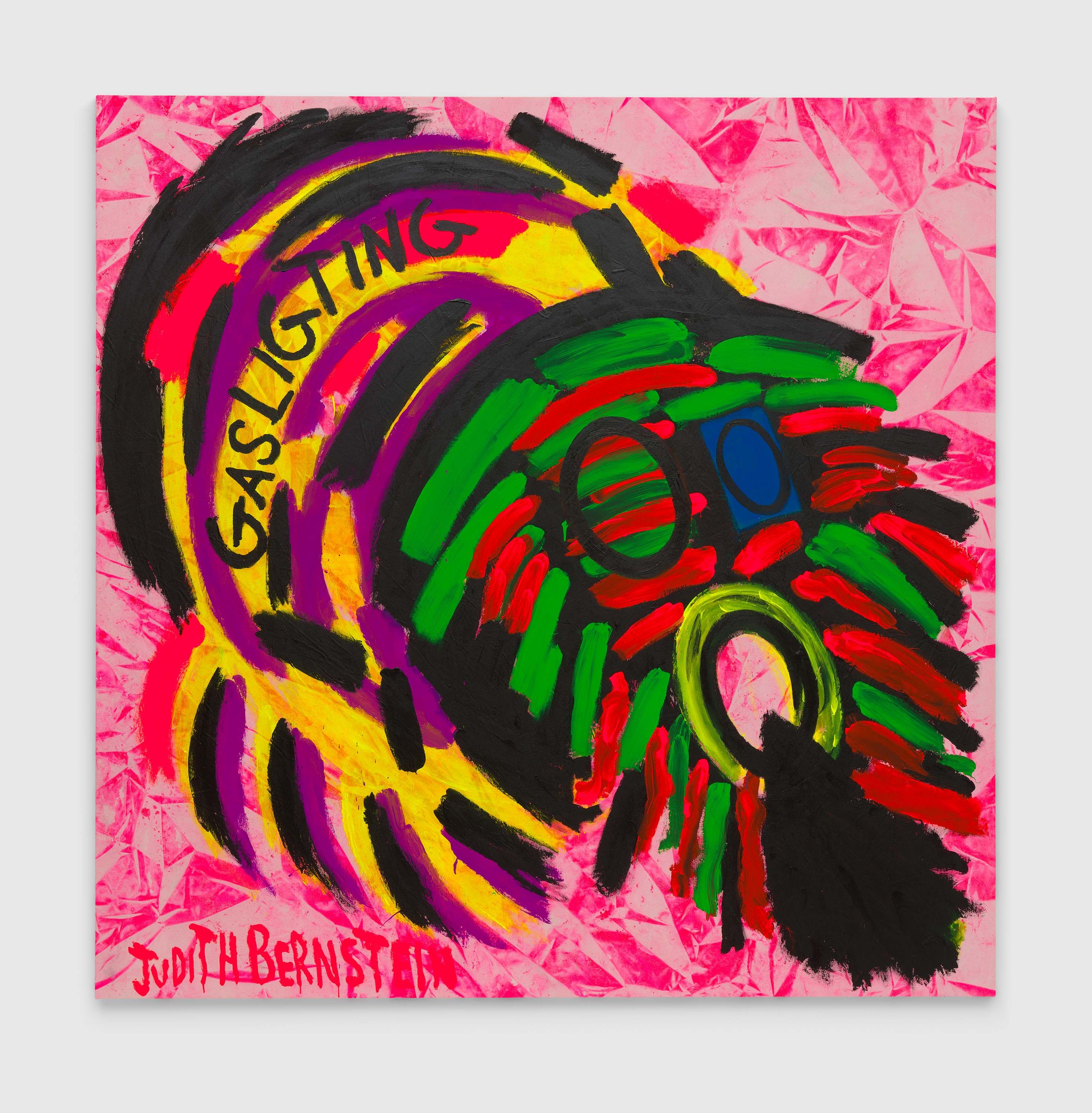 An acrylic on canvas painting by Judith Bernstein, titled Pink Gaslighting #4, dated 2022.