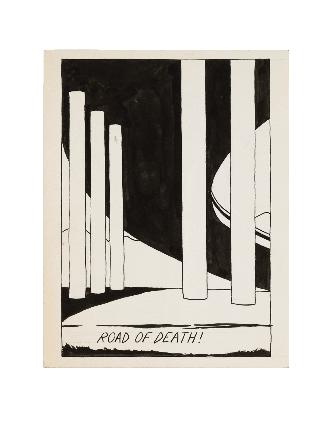 A drawing by Raymond Pettibon titled No Title (Road of death!), dated 1981.