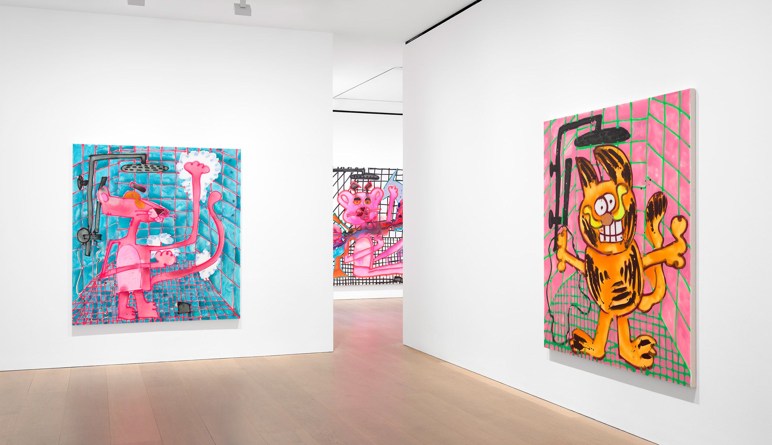 Installation view, Katherine Bernhardt: why is a mushroom growing in my shower?