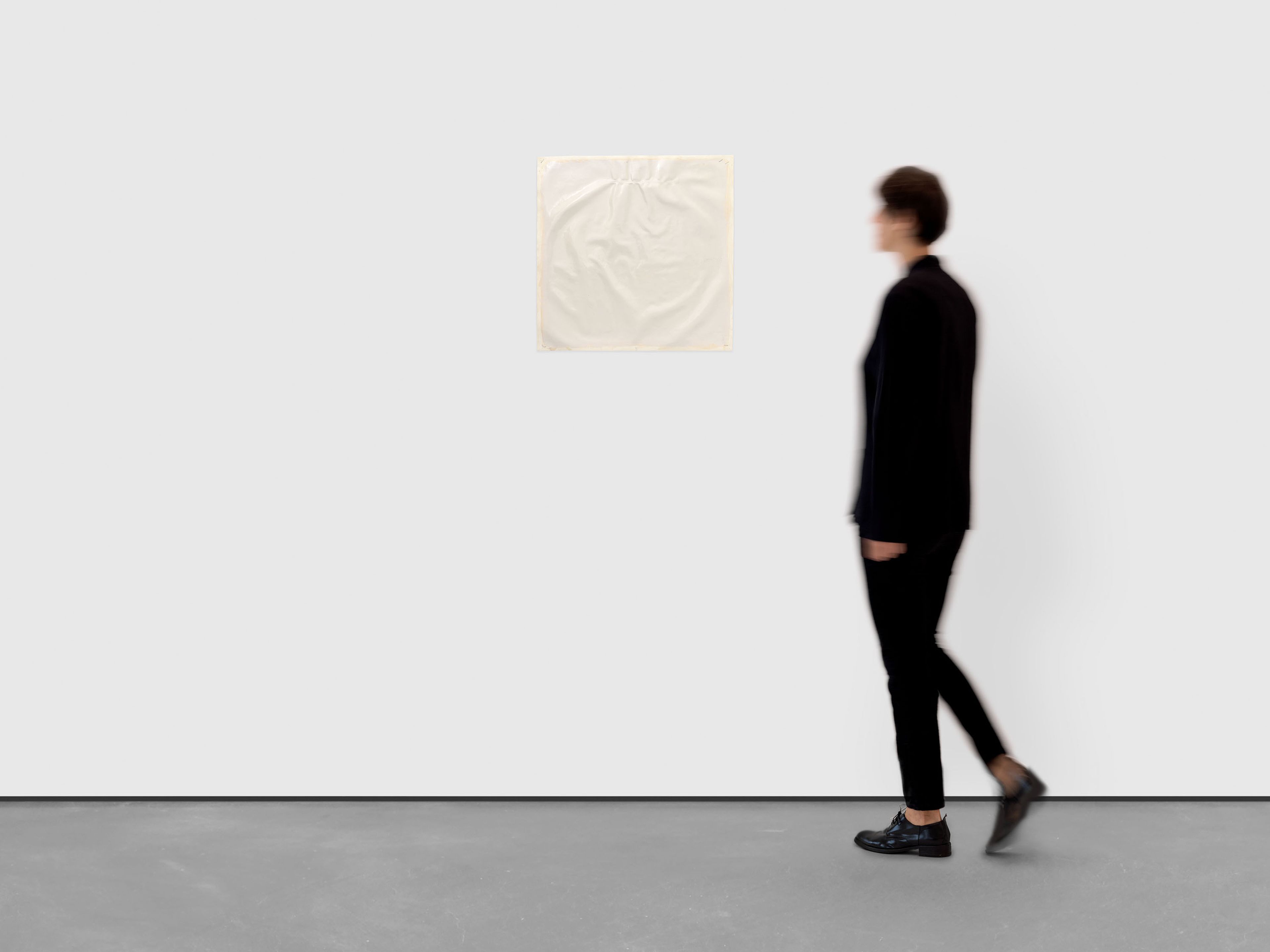 A painting by Robert Ryman, titled Large-small, thick-thin, light reflecting, light absorbing, 13, dated 2009.