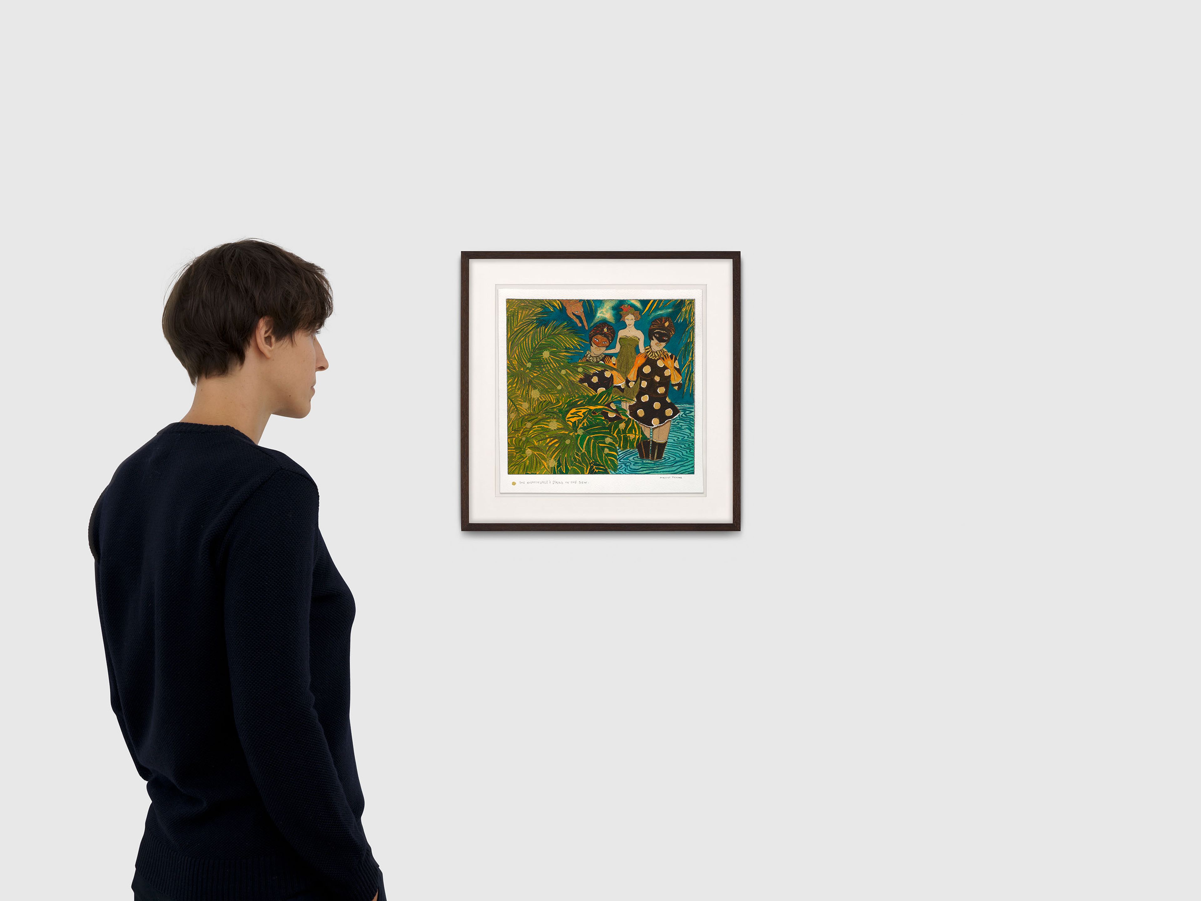 A work on paper by Marcel Dzama, titled The nightingales stand in the dew drops, dated 2025.
