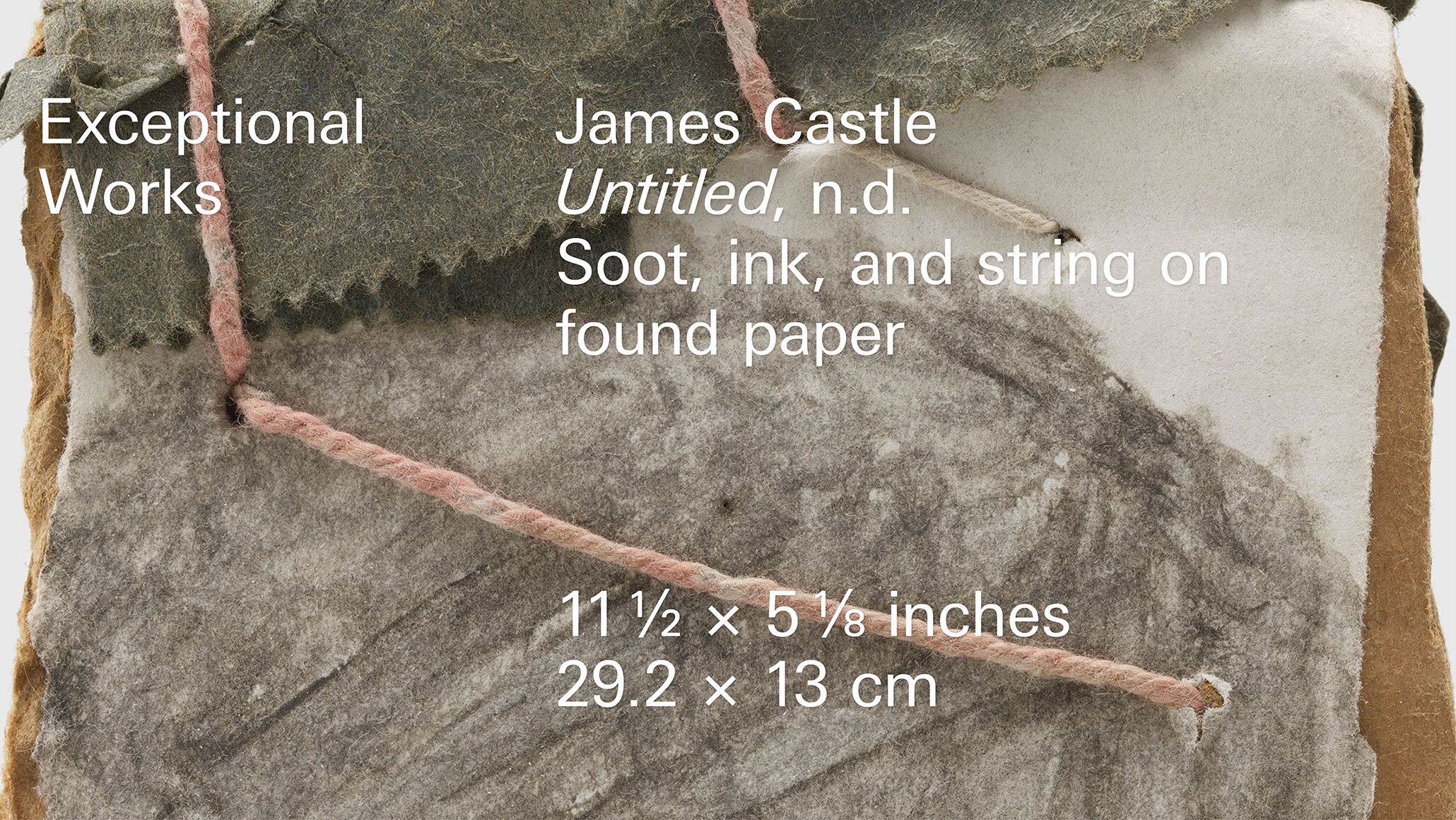 Title card for an untitled work by James Castle not dated made of soot, ink, and string on found paper