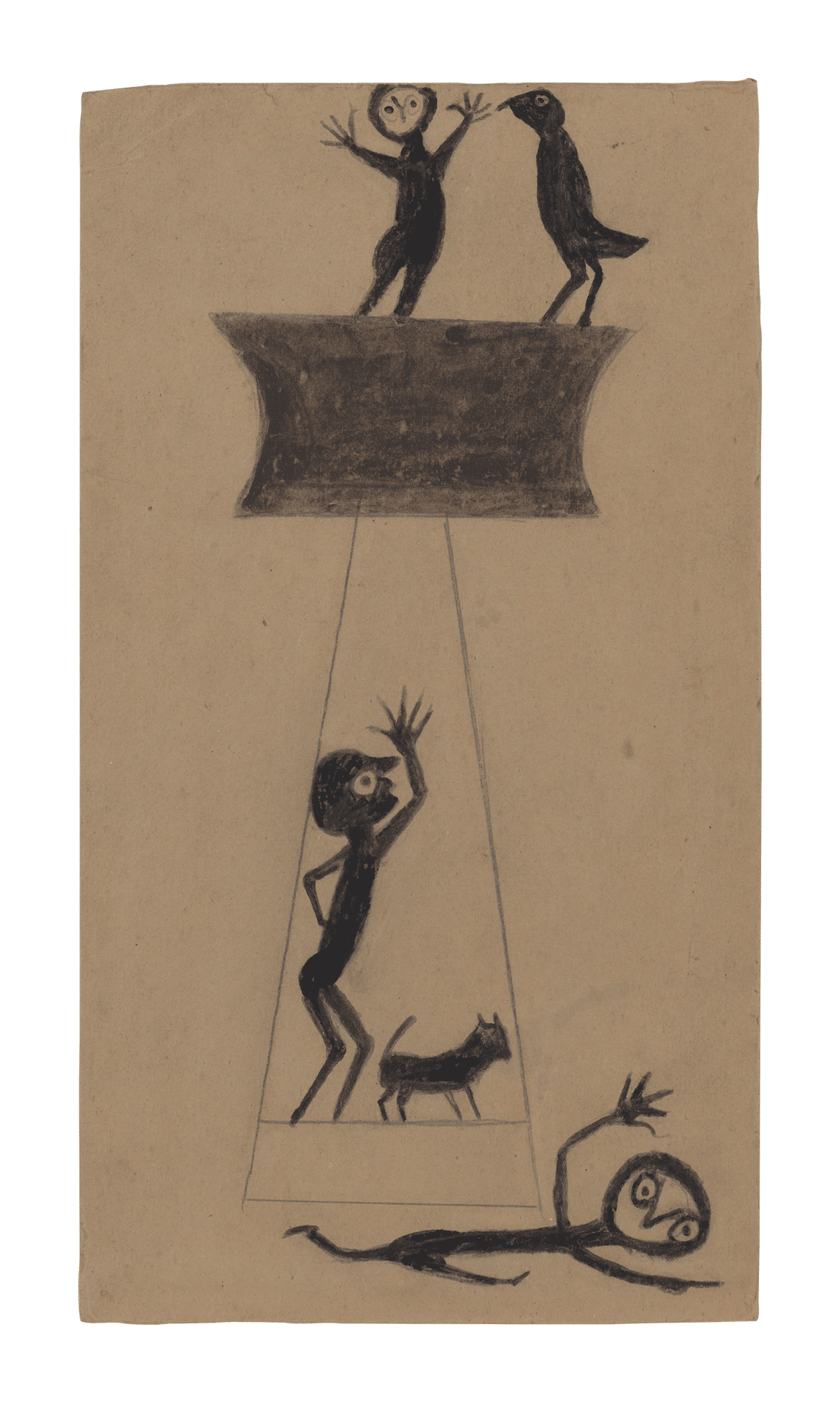 A mixed media work on cardboard by Bill Traylor, titled Construction, Fleeing Figure, Two Men, Bird and Dog, 1939 to 1942.