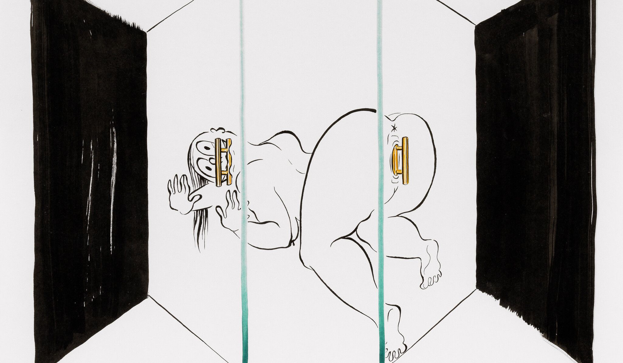 A detail from a drawing by Ebecho Muslimova titled Fatebe Between Doors, dated 2021.
