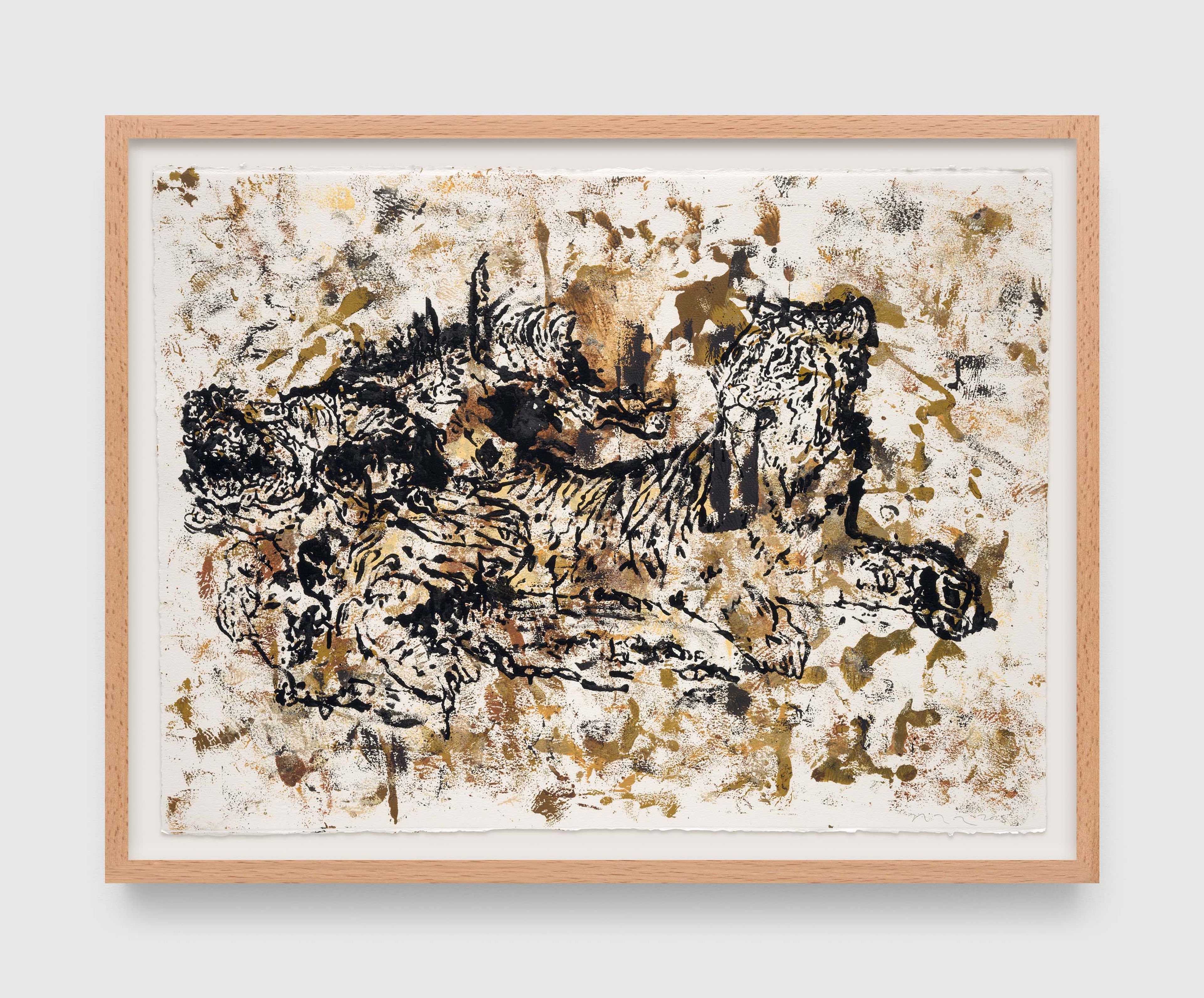 A work on paper by Nate Lowman, titled Study of Two Tigers (After Delacroix), dated 2025.