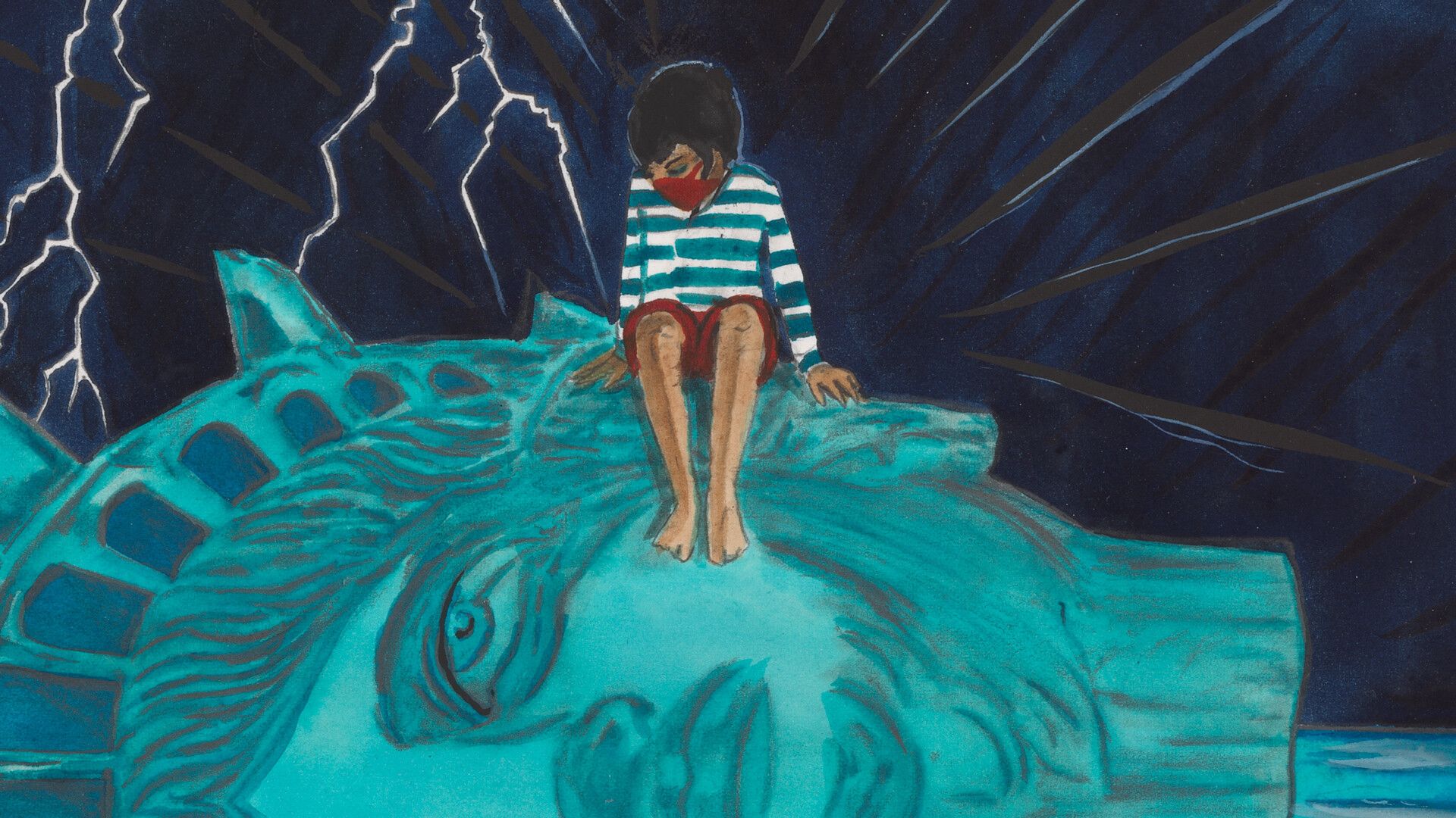A detail of an ink, watercolor, and graphite work on paper by Marcel Dzama, titled, The end of the end times, dated 2020.
