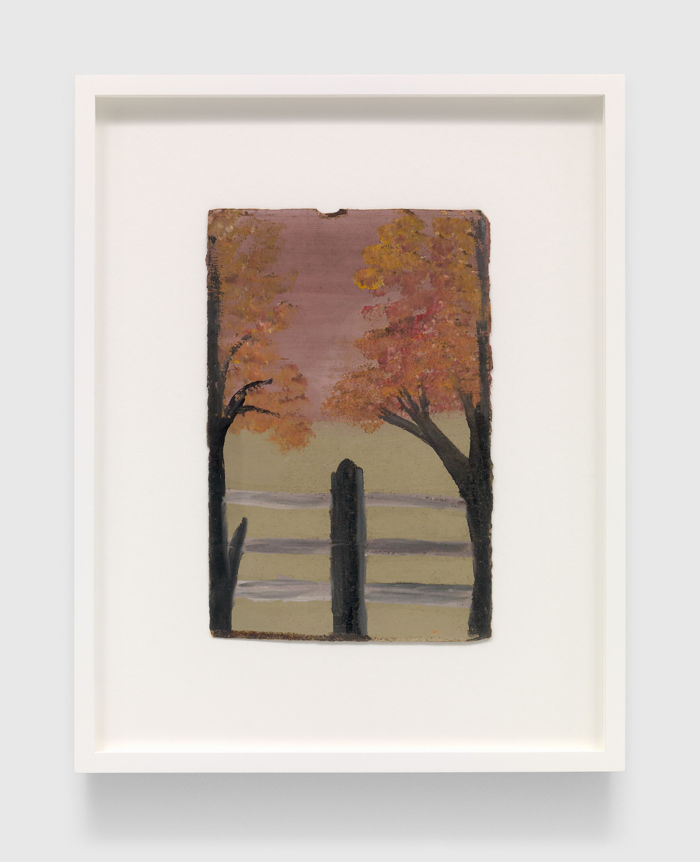A work on paper by Frank Walter, called Untitled (Two Tree Trunks, a Pink Sky, and a Black-and-White Fence), n.d.