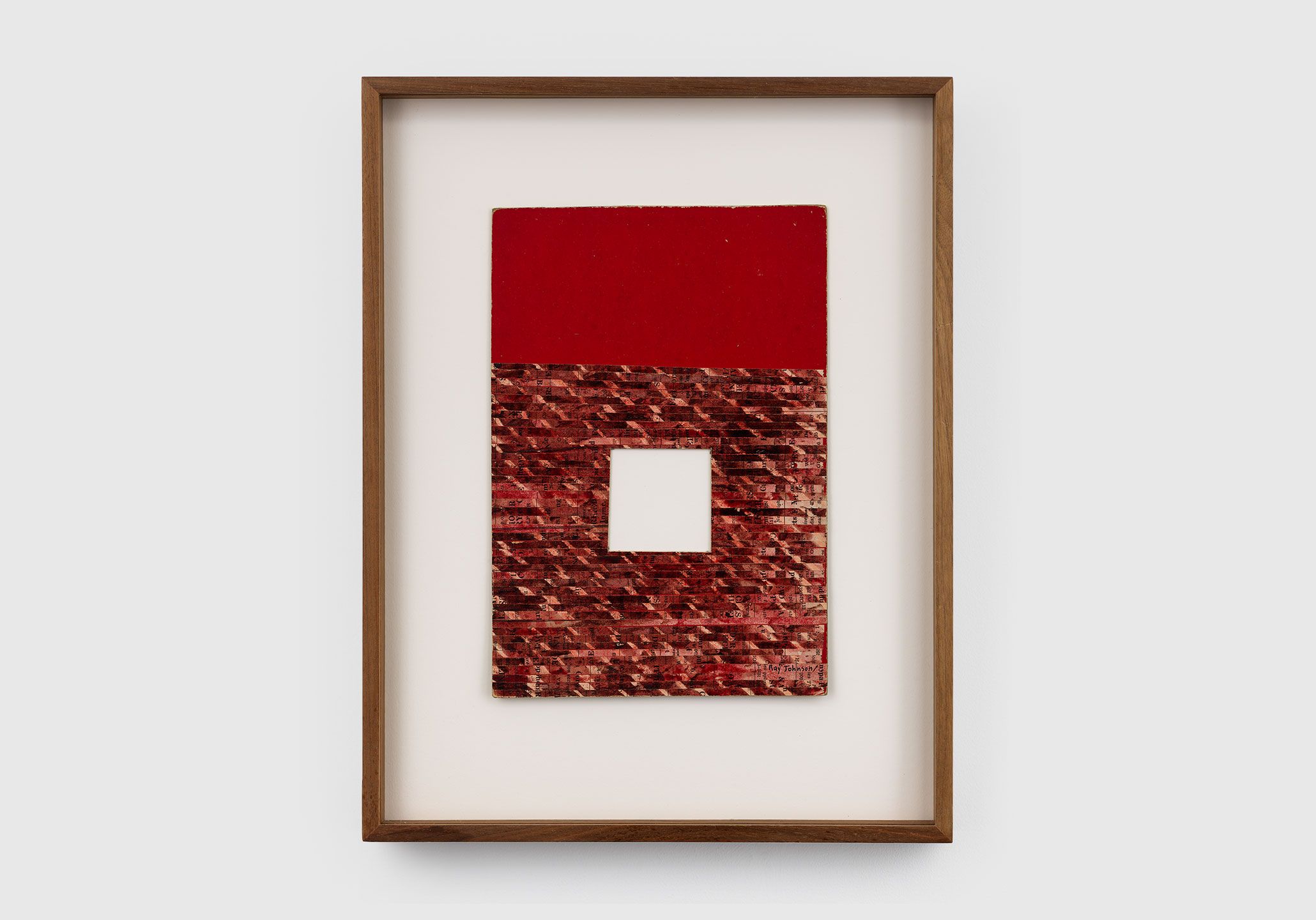 A collage on cardboard panel by Ray Johnson, titled Untitled (Moticos with Red Ground), dated 1958.