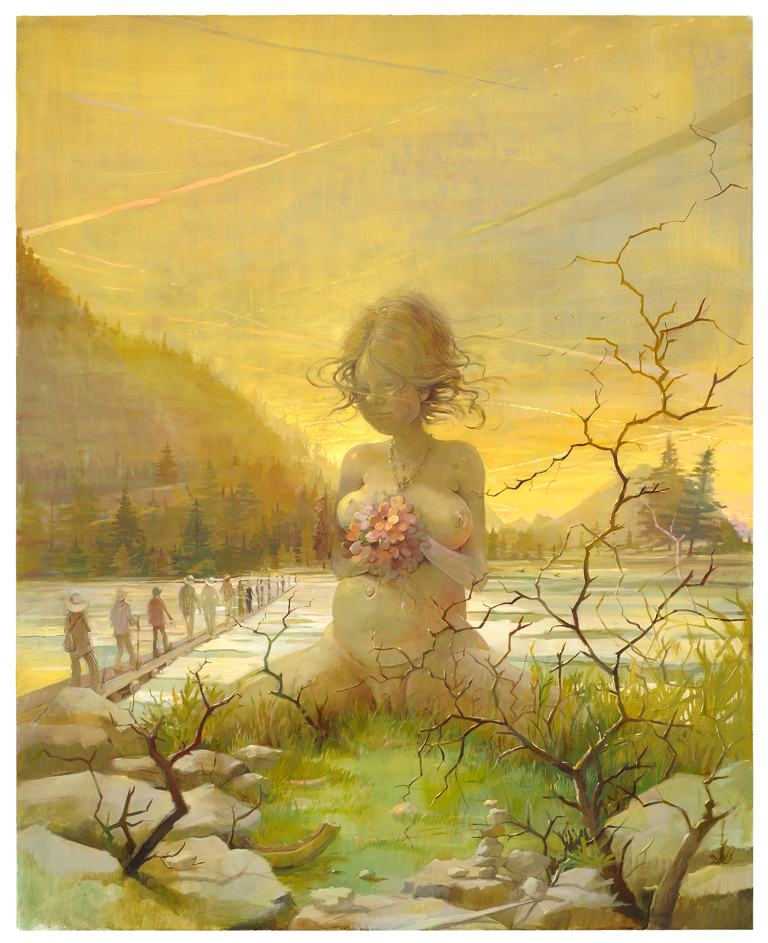 A painting by Lisa Yuskavage, titled Travellers, dated 2008.