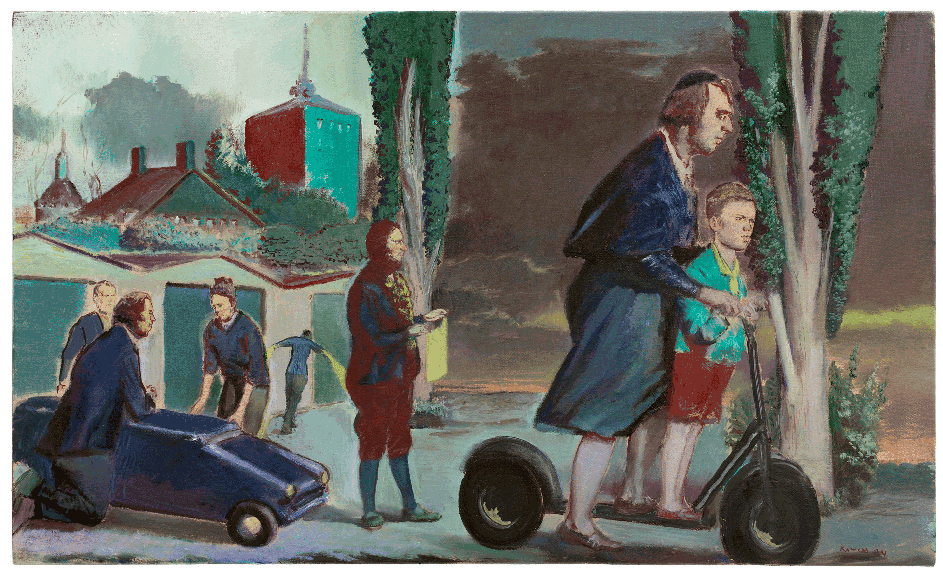 A painting by Neo Rauch, titled Roller, dated 2014.