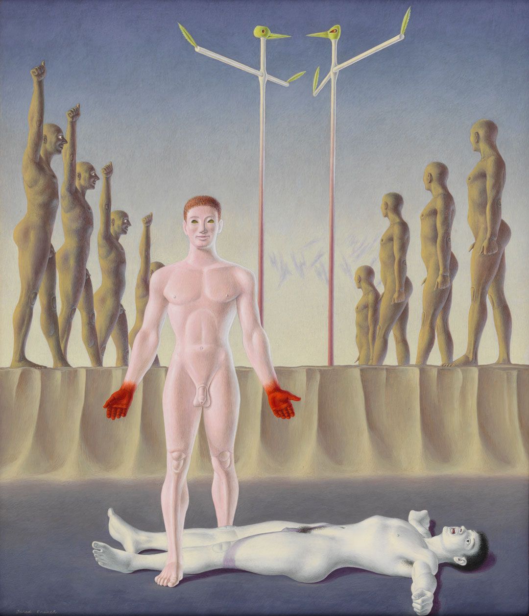 A painting by Jared French, titled Murder, dated 1942.
