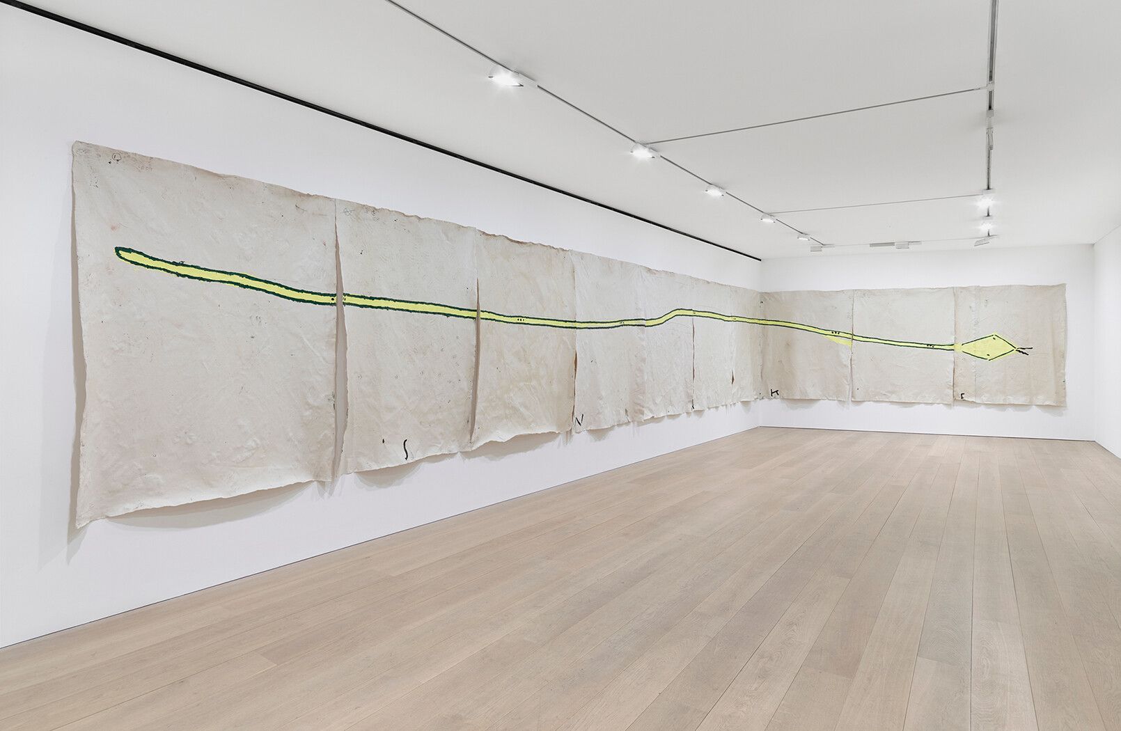 An installation view of a painting by Rose Wylie, titled Snake, dated 2018.