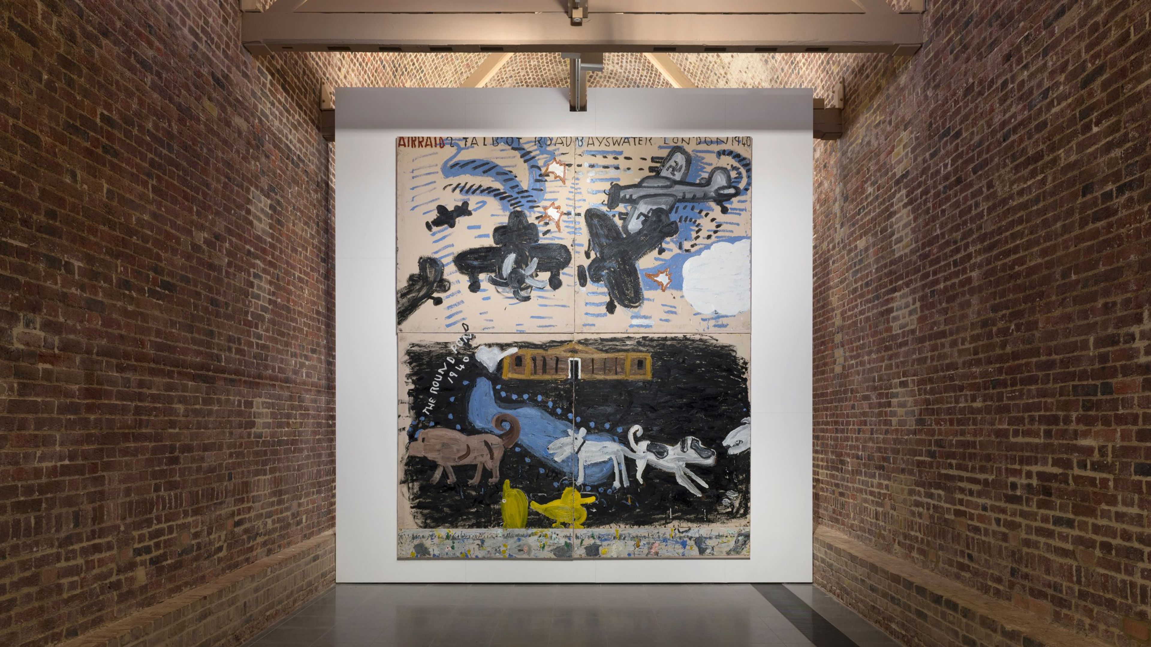 Installation view of the exhibition, Rose Wylie: Quack Quack, at Serpentine North Gallery in London, dated 2017 to 2018.