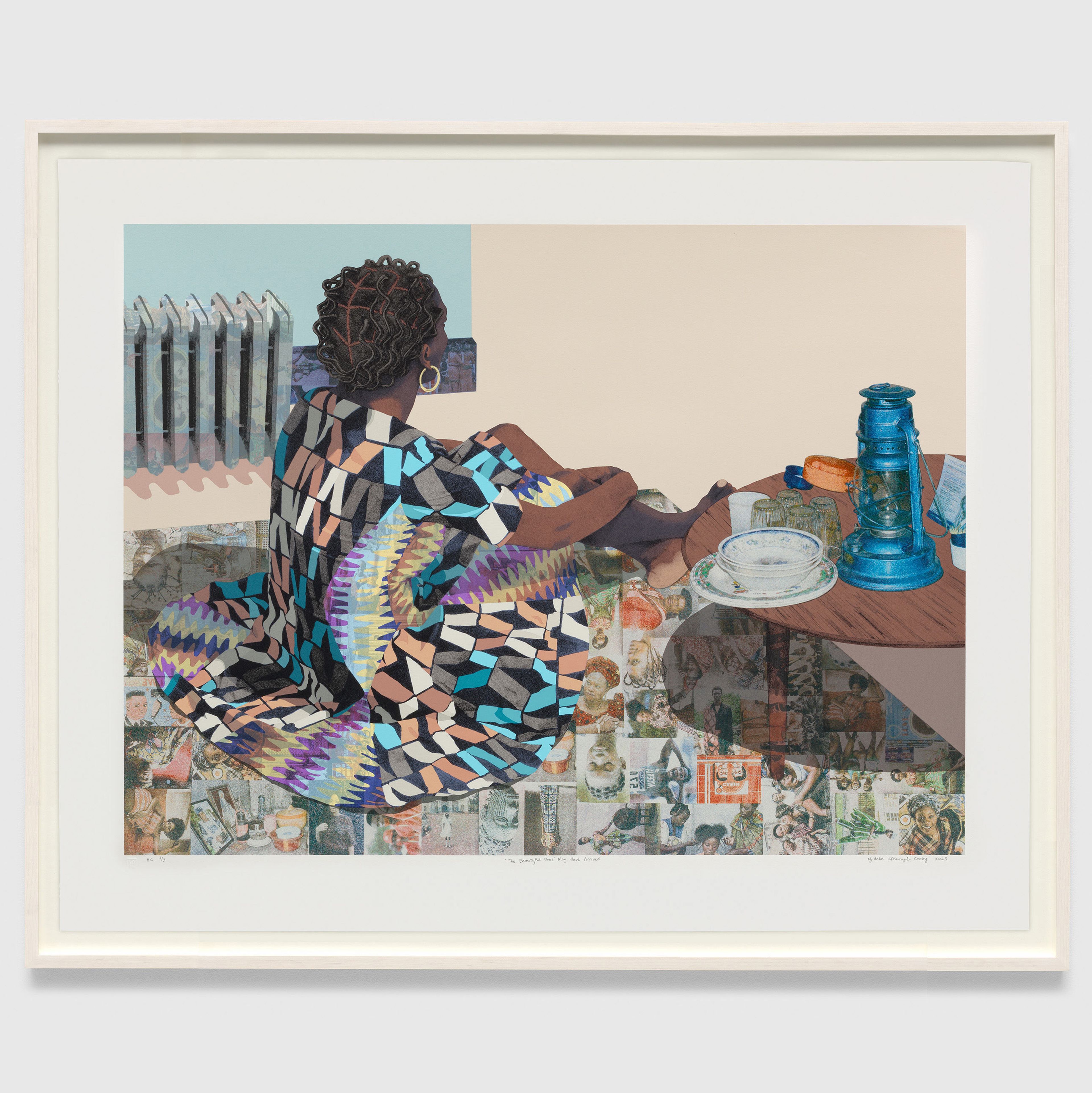 A print by Njideka Akunyili Crosby, titled "The Beautyful Ones" May Have Arrived, dated 2023.