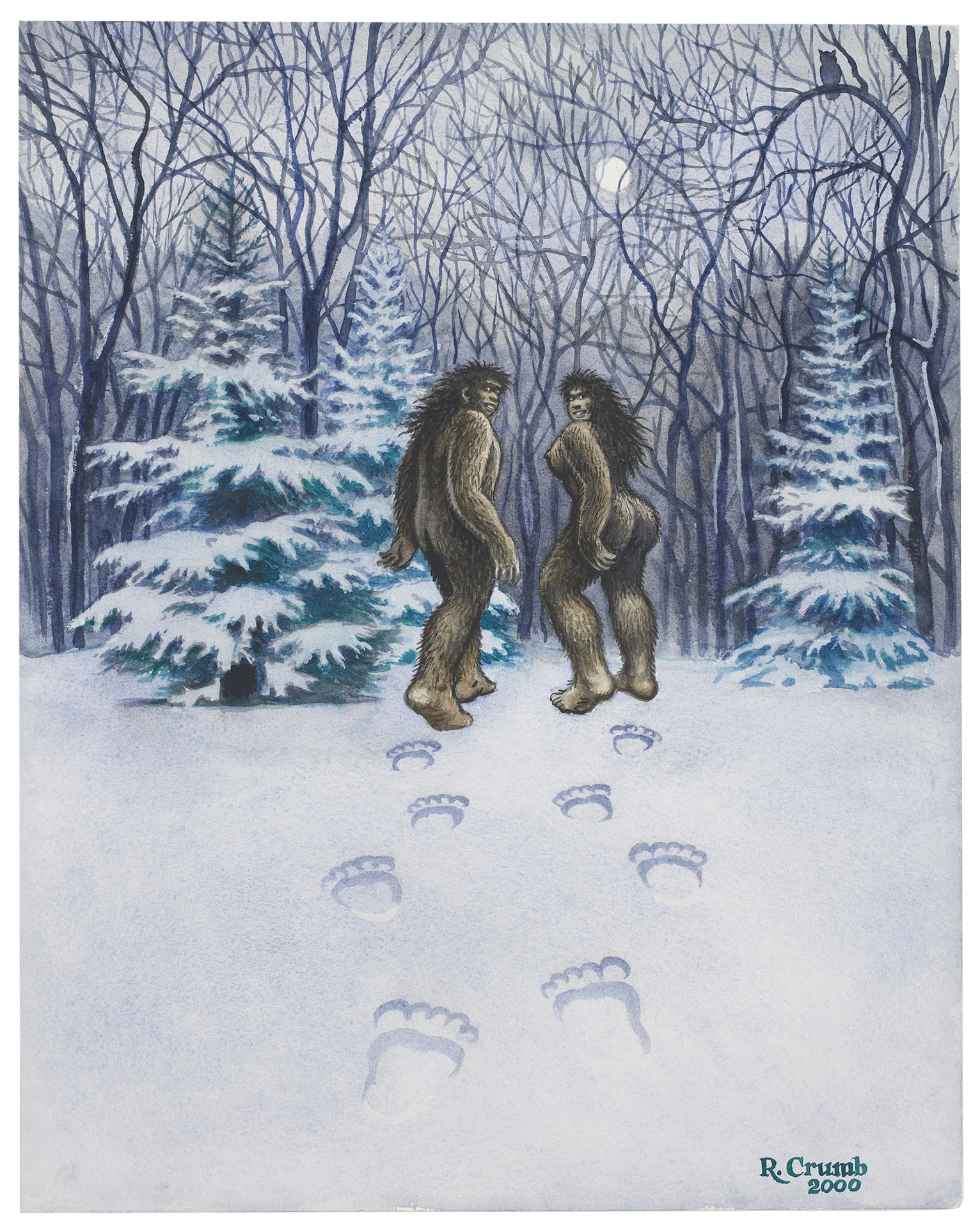 A drawing by R. Crumb titled, Bigfoot Couple, dated 2000.
