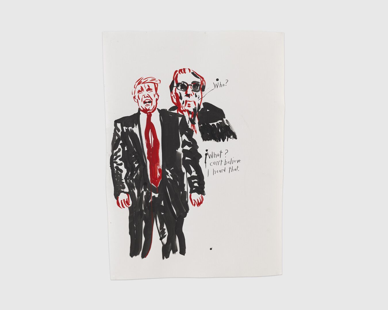 An ink and colored pencil drawing on paper by Raymond Pettibon, titled No Title (Who? What? I...), dated 2020.