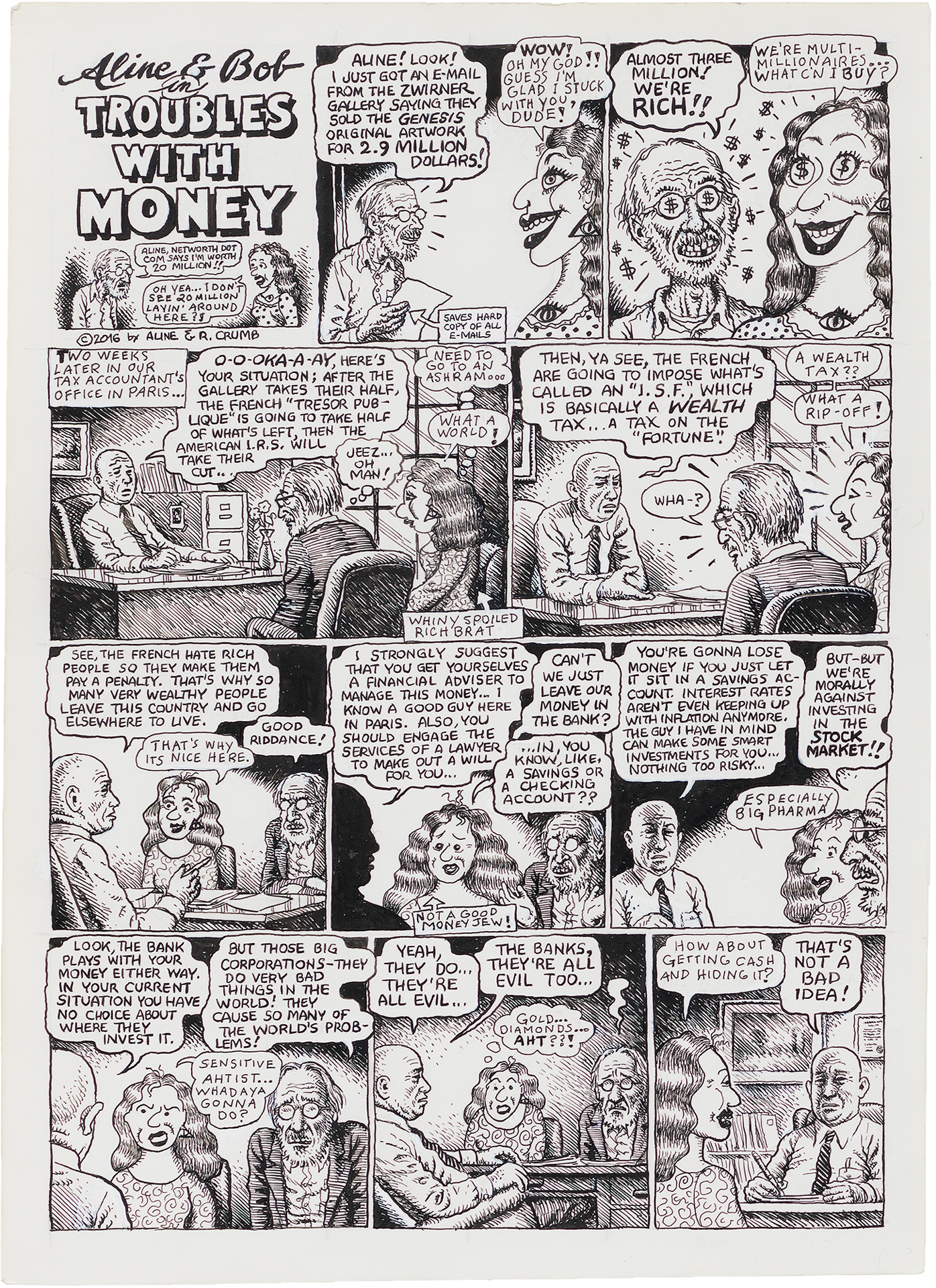 A drawing by Aline Kominsky Crumb and R. Crumb titled, Aline & Bob in Troubles with Money, dated 2016.
