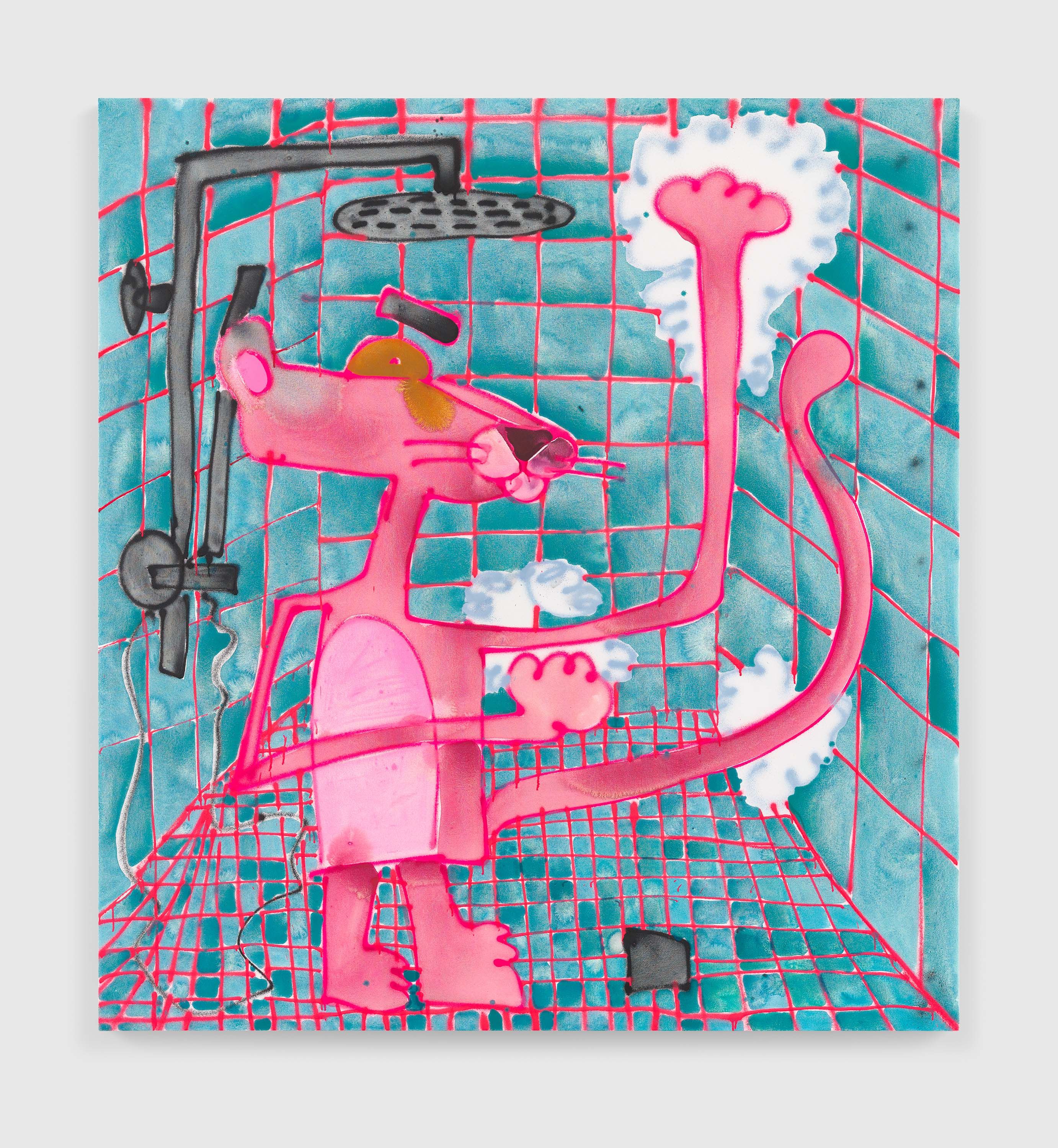 An acrylic and spray paint on canvas artwork by Katherine Bernhardt, titled Mycophobe, dated 2022.