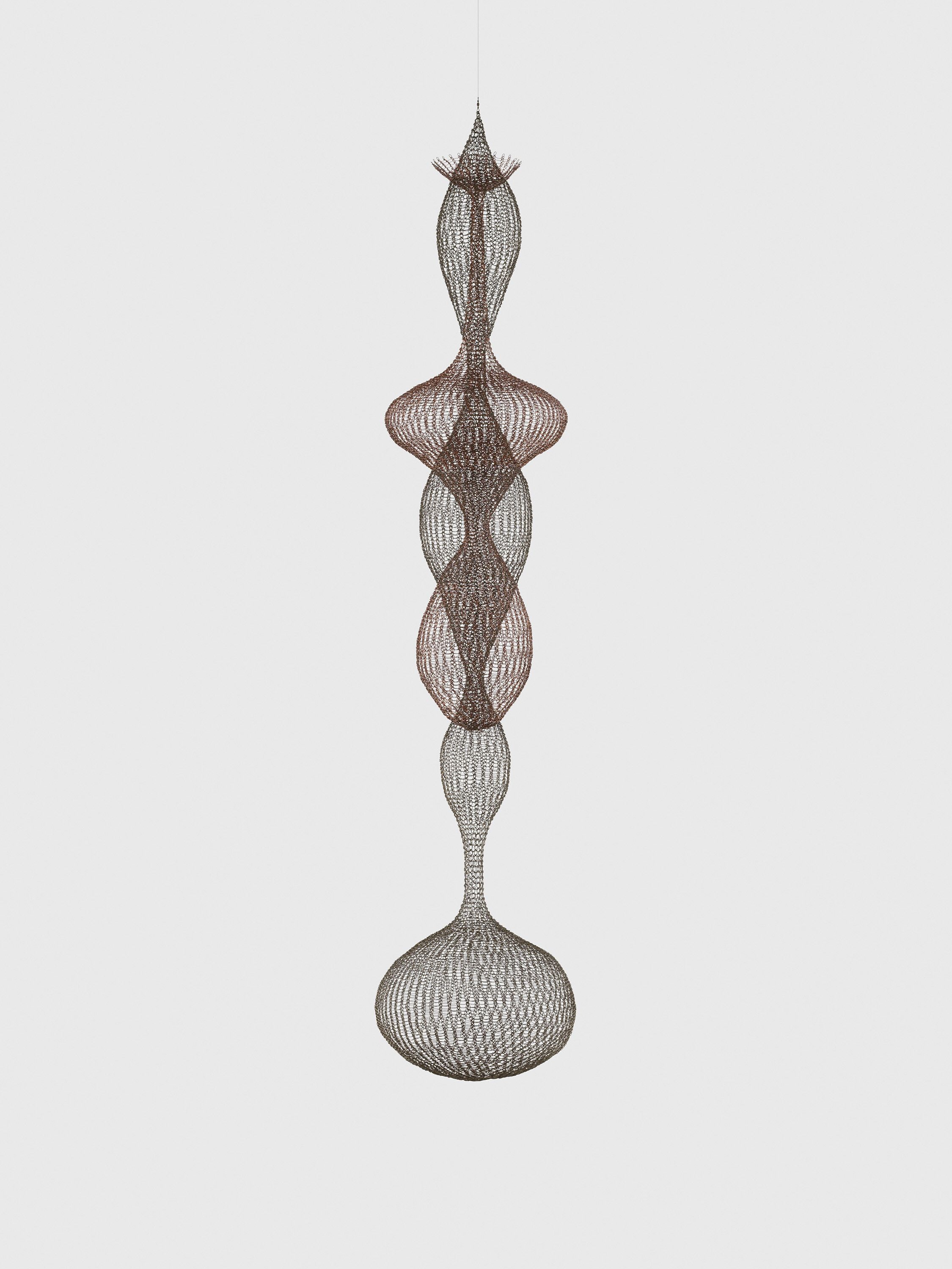 A hanging sculpture—enameled copper and brass wire artwork by Ruth Asawa, titled Untitled (S.237, Hanging Six-Lobed, Interlocking Continuous Form), circa 1958.