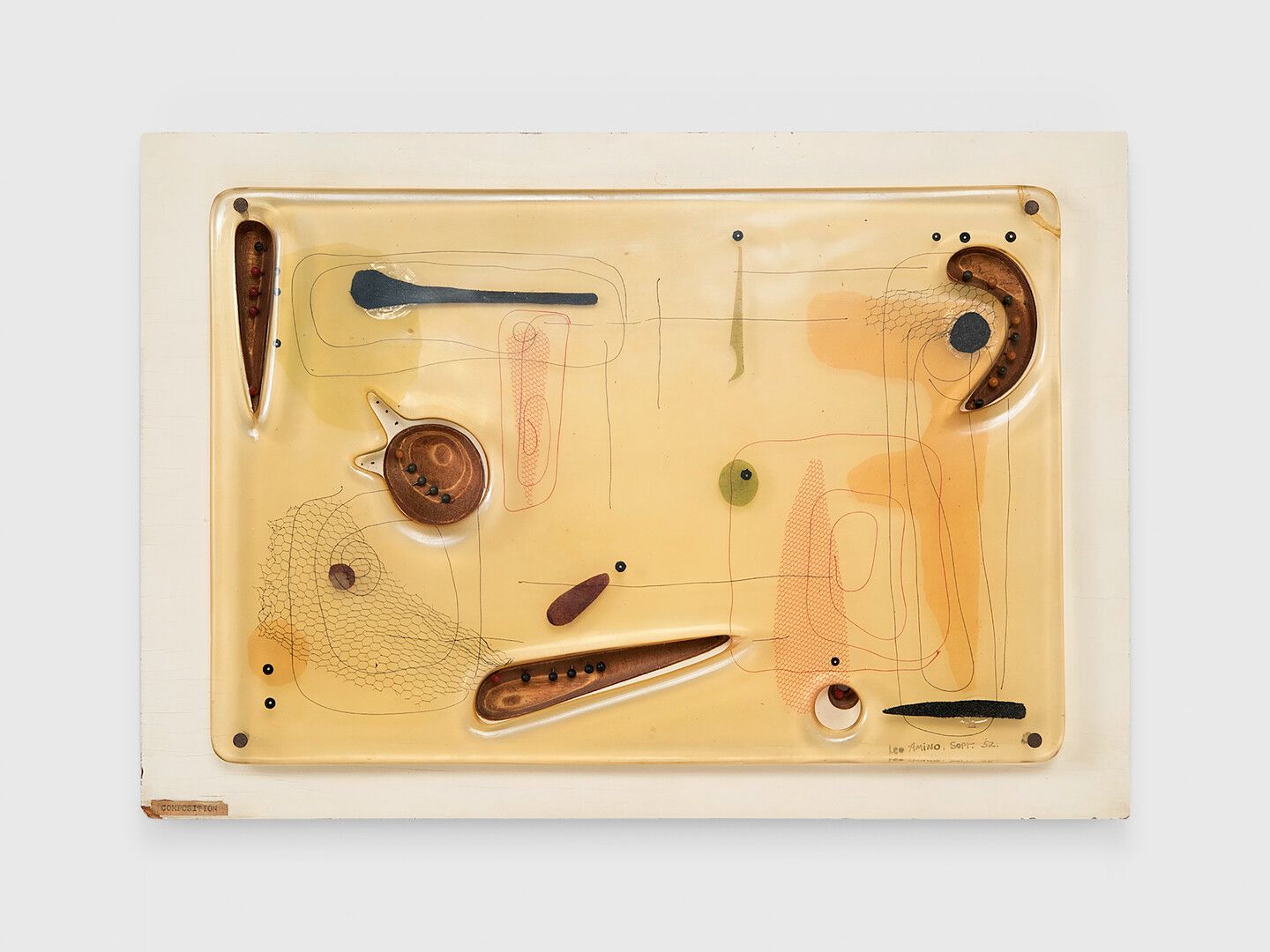 A wood and polyester resin sculpture by Leo Amino, titled Composition #25, dated 1952.