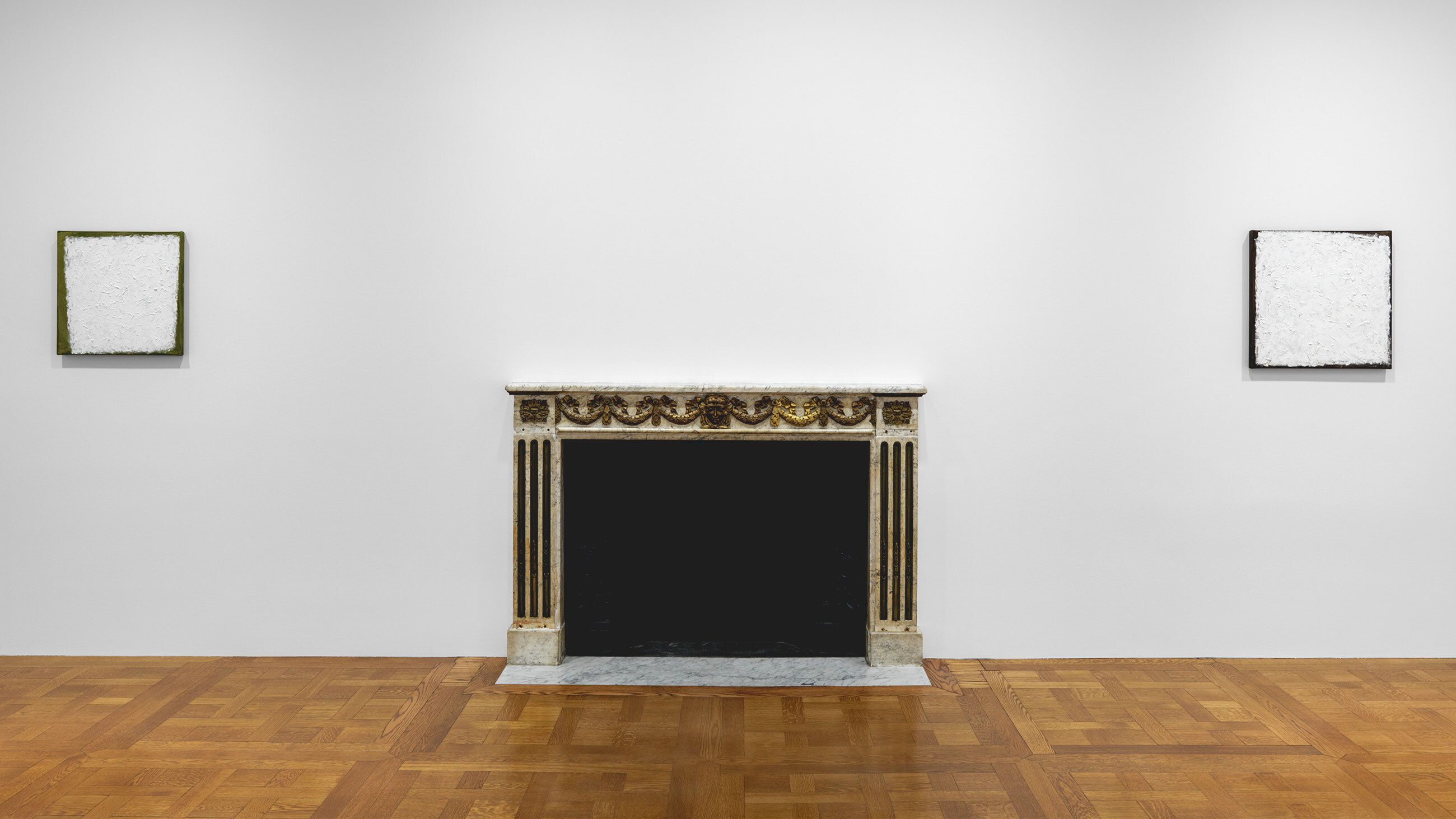 An installation view of an exhibition titled, Robert Ryman: The Last Paintings, at David Zwirner, New York, in 2022.