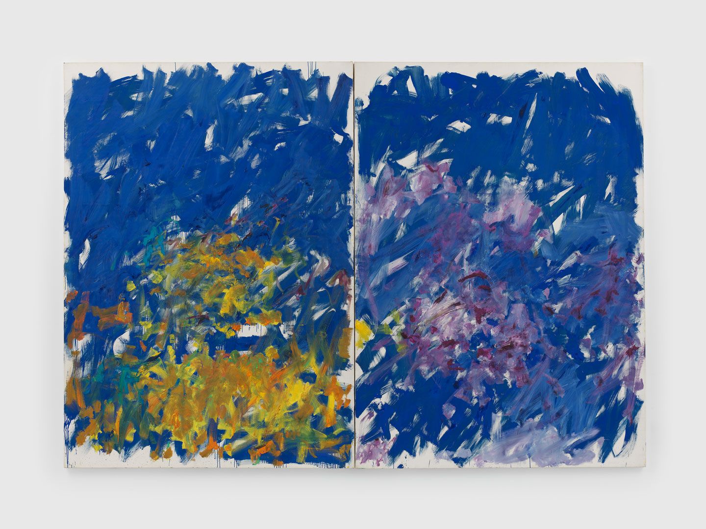 A painting in two parts by Joan Mitchell, titled Row Row, dated 1982.