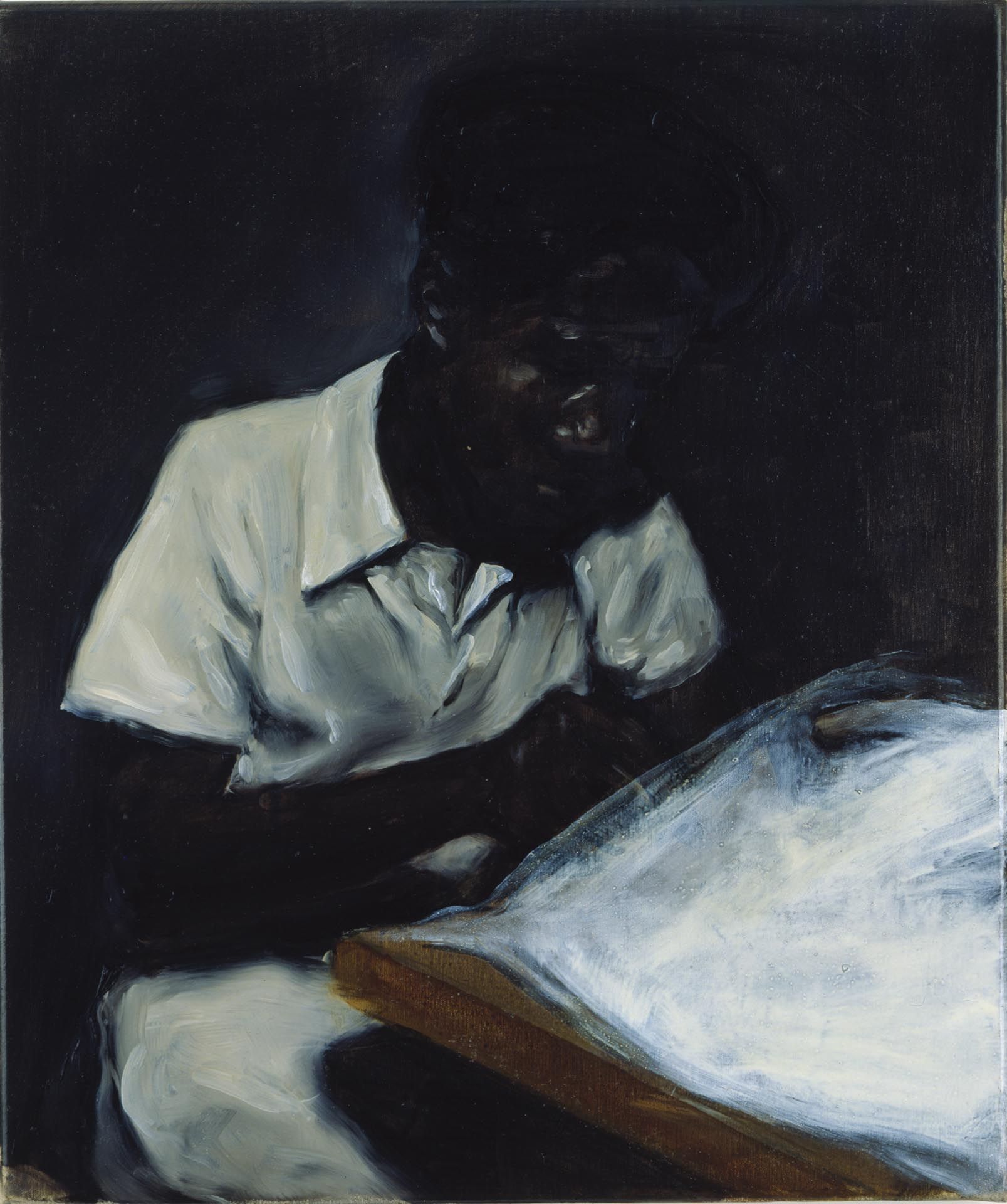 A painting by Michael Borremans, titled Rachel, dated 2002.