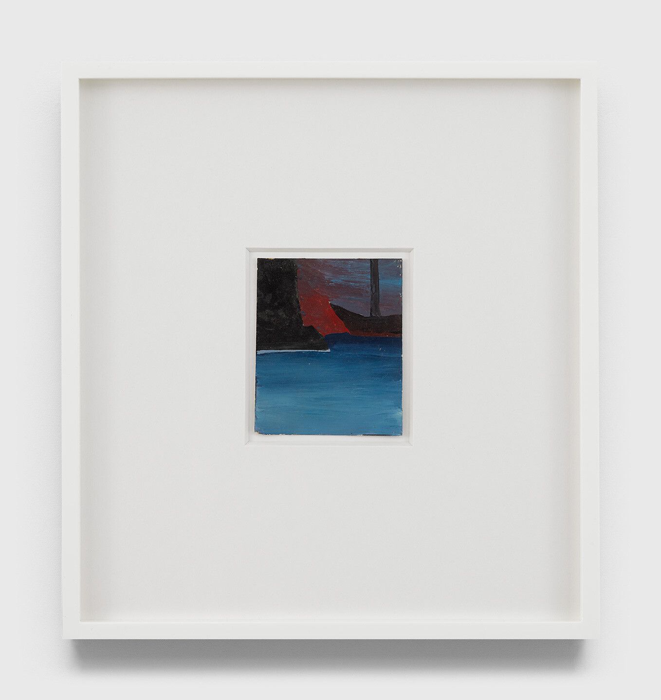 An undated oil painting on Polaroid film cartridge box by Frank Walter, titled Untitled (Black headland, red sky, blue sea).