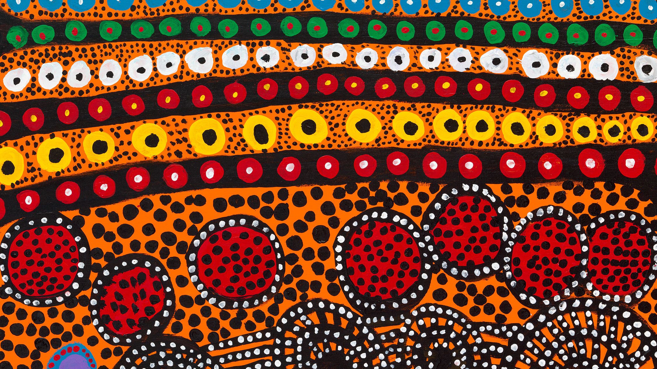 A detail of an untitled oil painting by Yayoi Kusama featuring her typical dot motifs, dated 2021