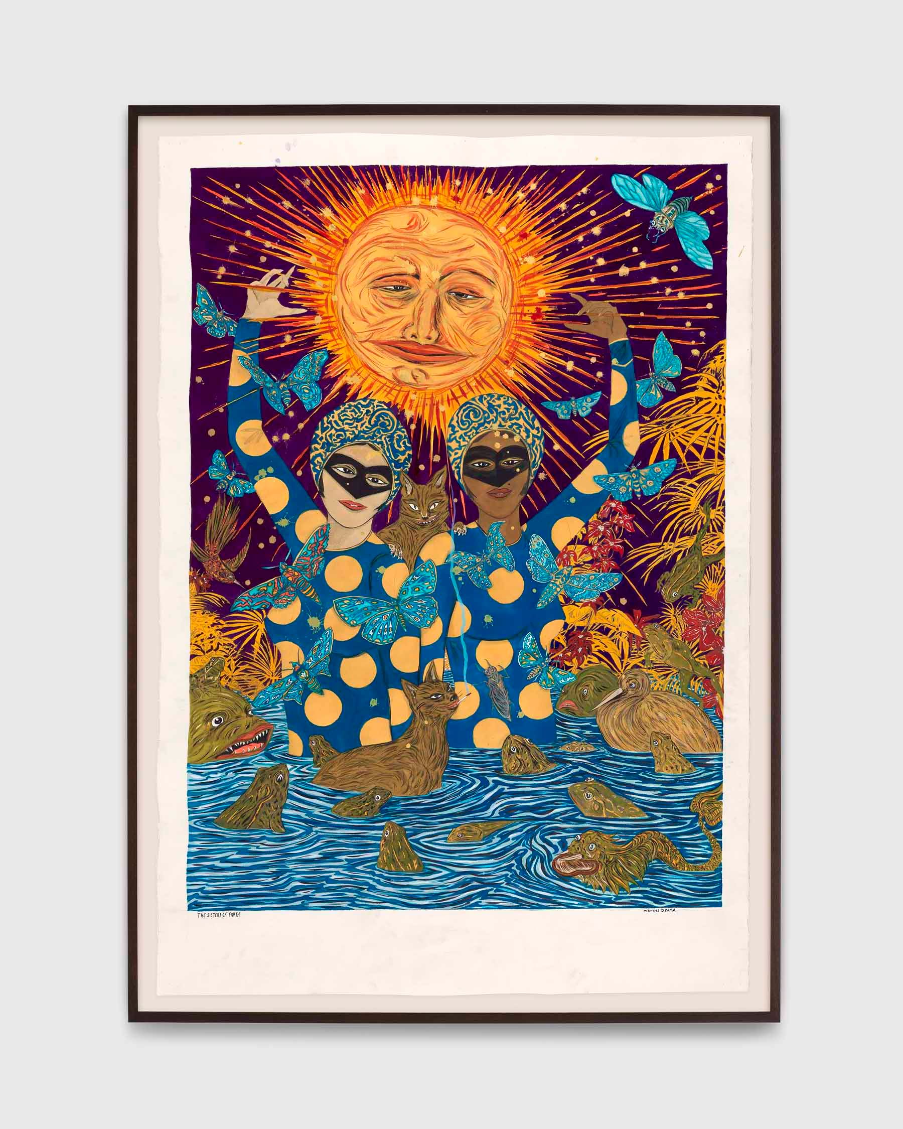 A work on paper by Marcel Dzama, titled The sisters of truth, dated 2022.