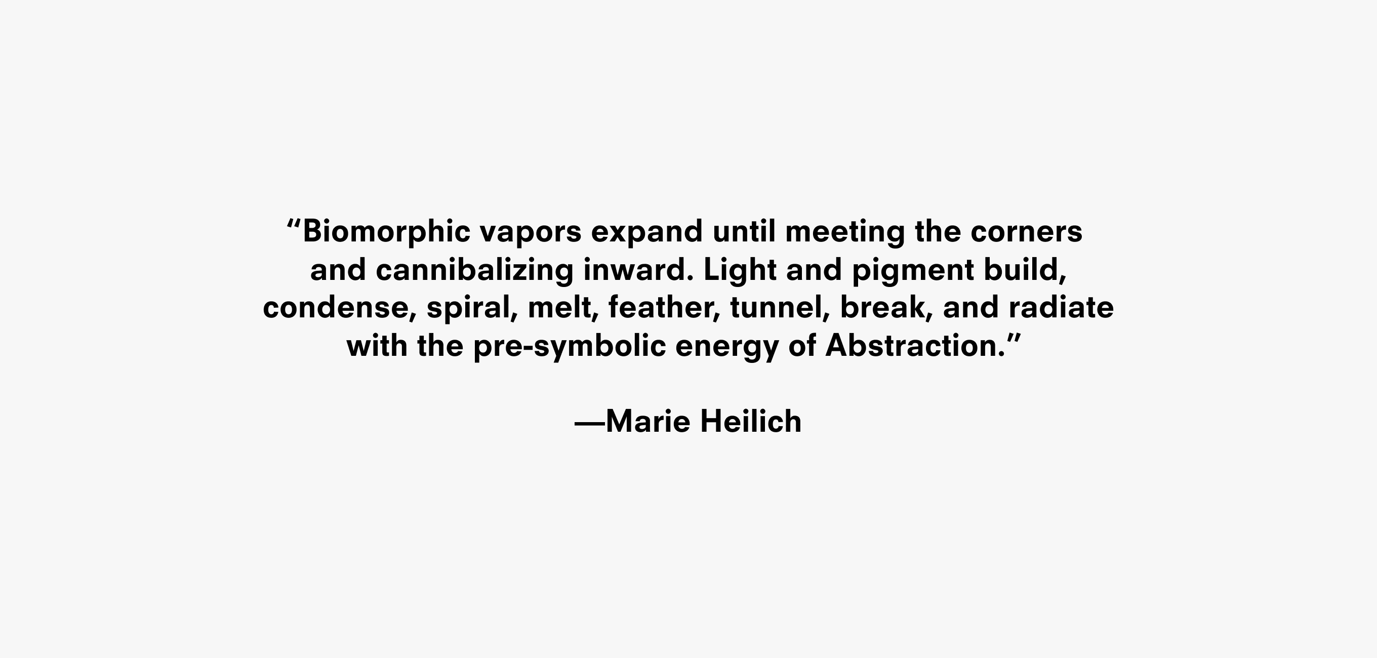 Text description reading “Biomorphic vapors expand until meeting the corners and cannibalizing inward. Light and pigment build, condense, spiral, melt, feather, tunnel, break, and radiate with the pre-symbolic energy of Abstraction.” —Marie Heilich