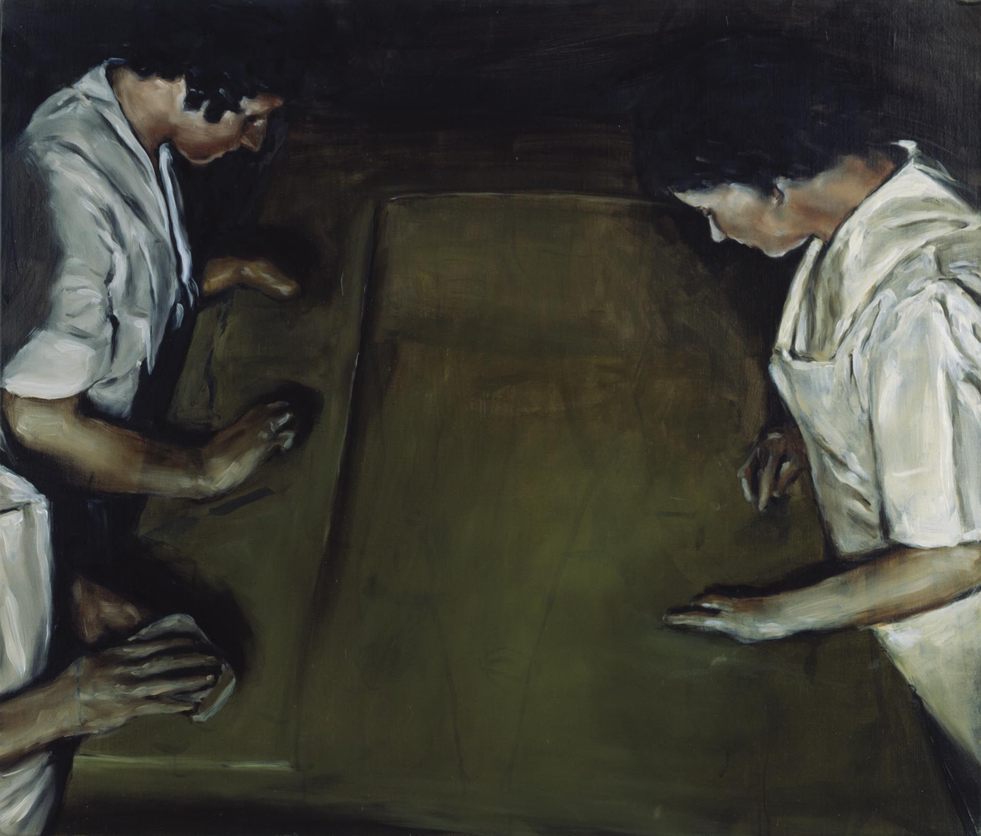 A painting by Michael Borremans, titled The Lucky Ones, dated 2002.
