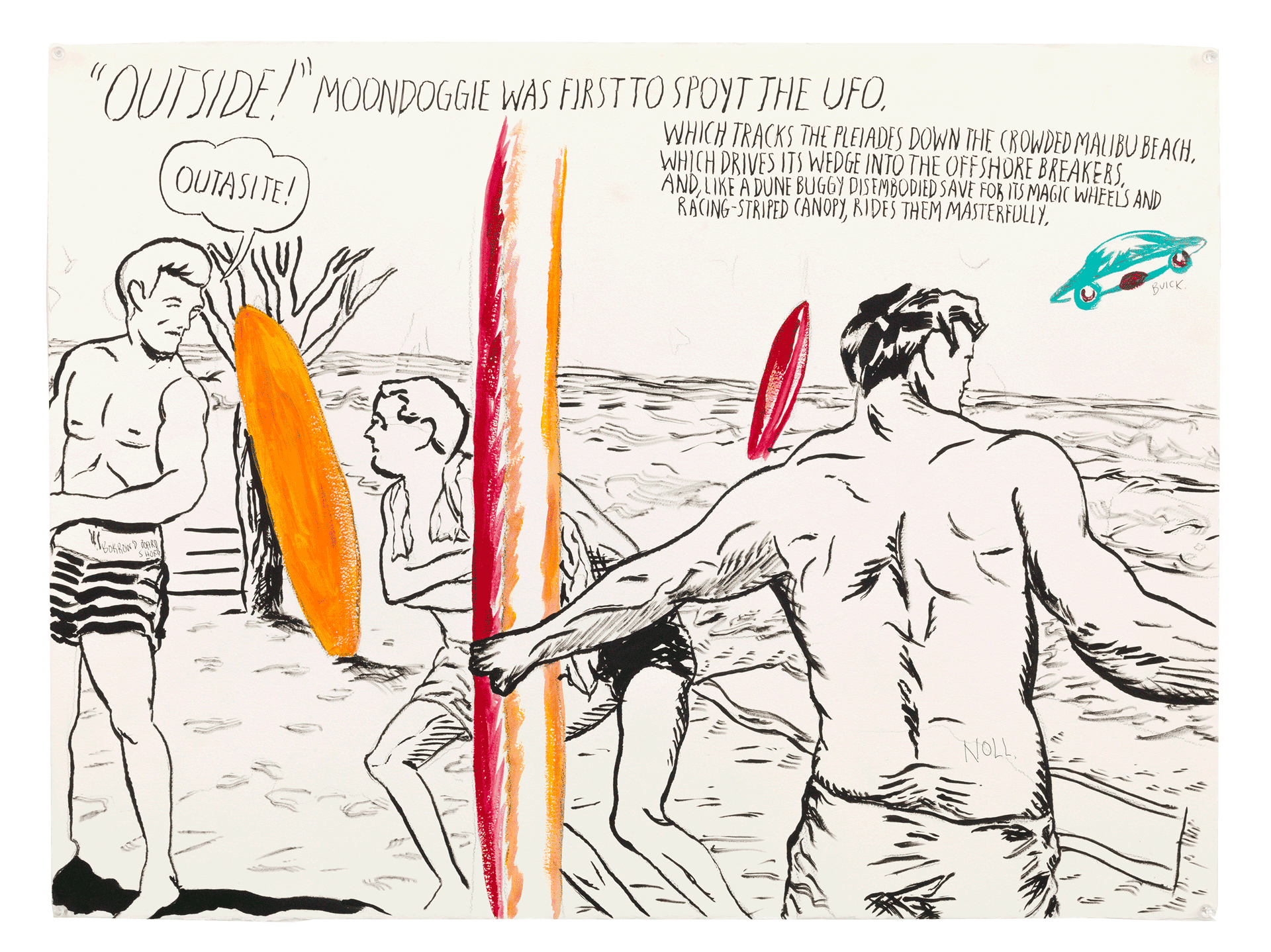 An ink, acrylic, and gouache work on paper by Raymond Pettibon titled No Title (Outside! Moondoggie was...), dated 2013.