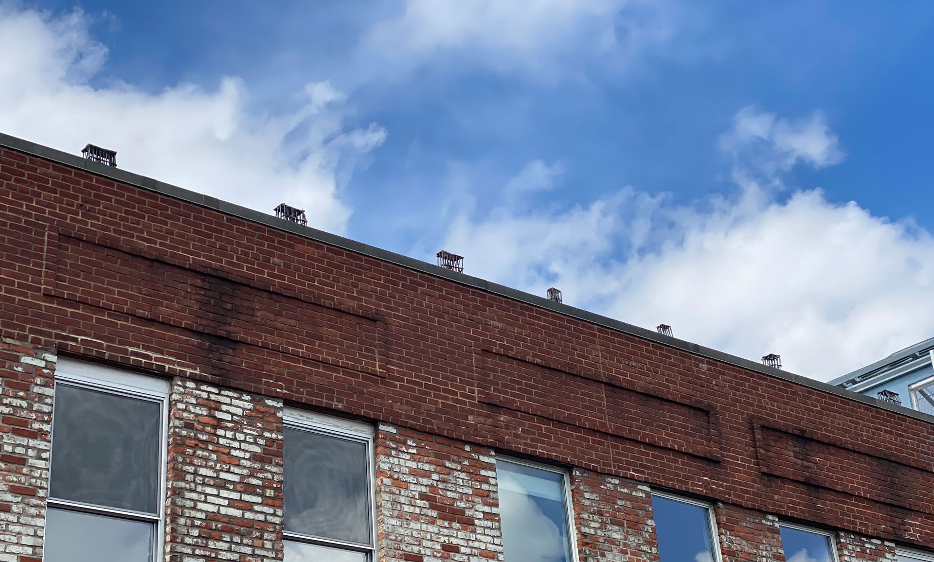 An installation view of the exhibition titled Josh Smith: High As Fuck on the artist's studio roof in Brooklyn, New York, dated 2020.
