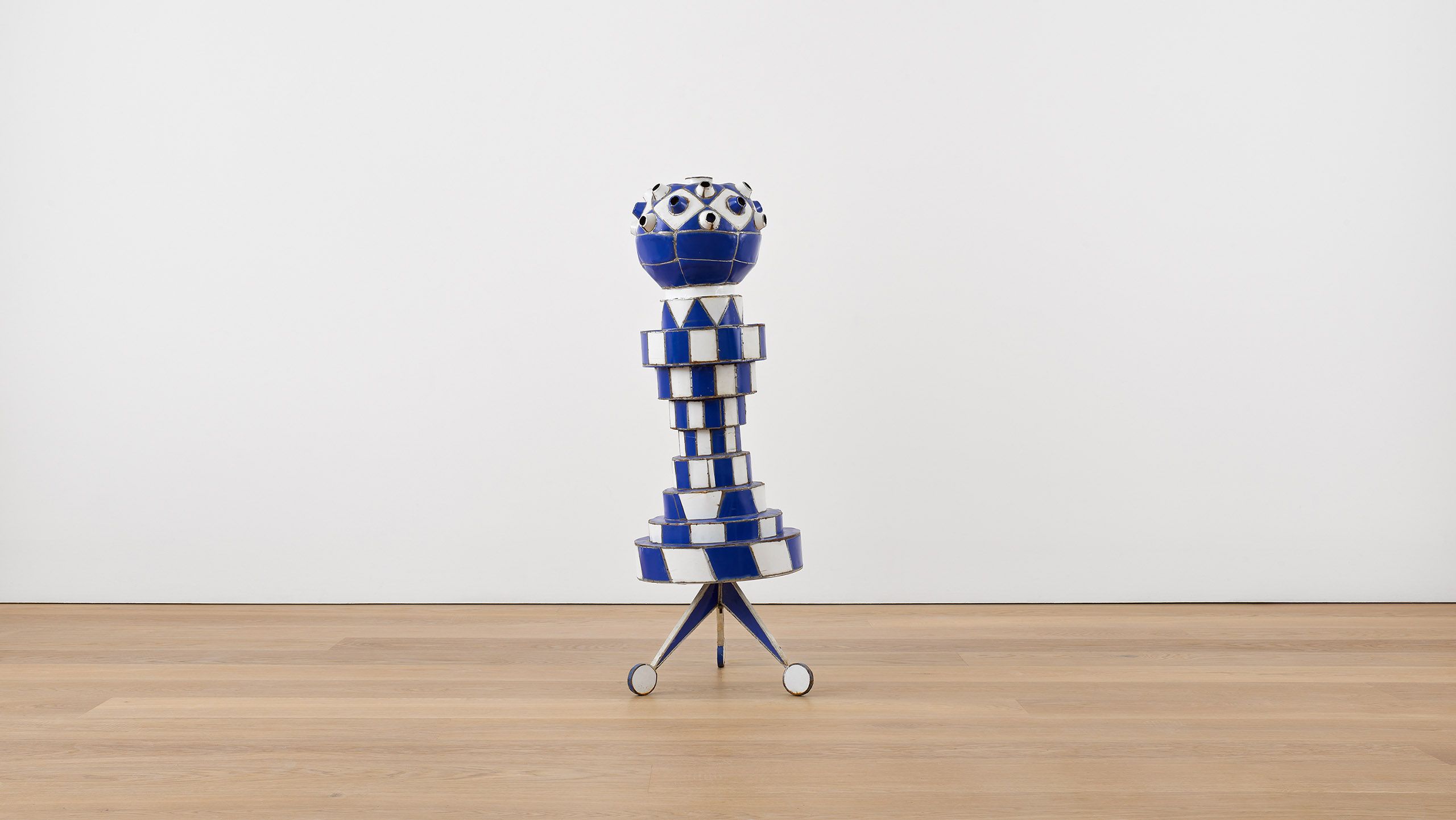 A sculpture by Marcel Dzama, titled Blue pawn #3, dated 2016.