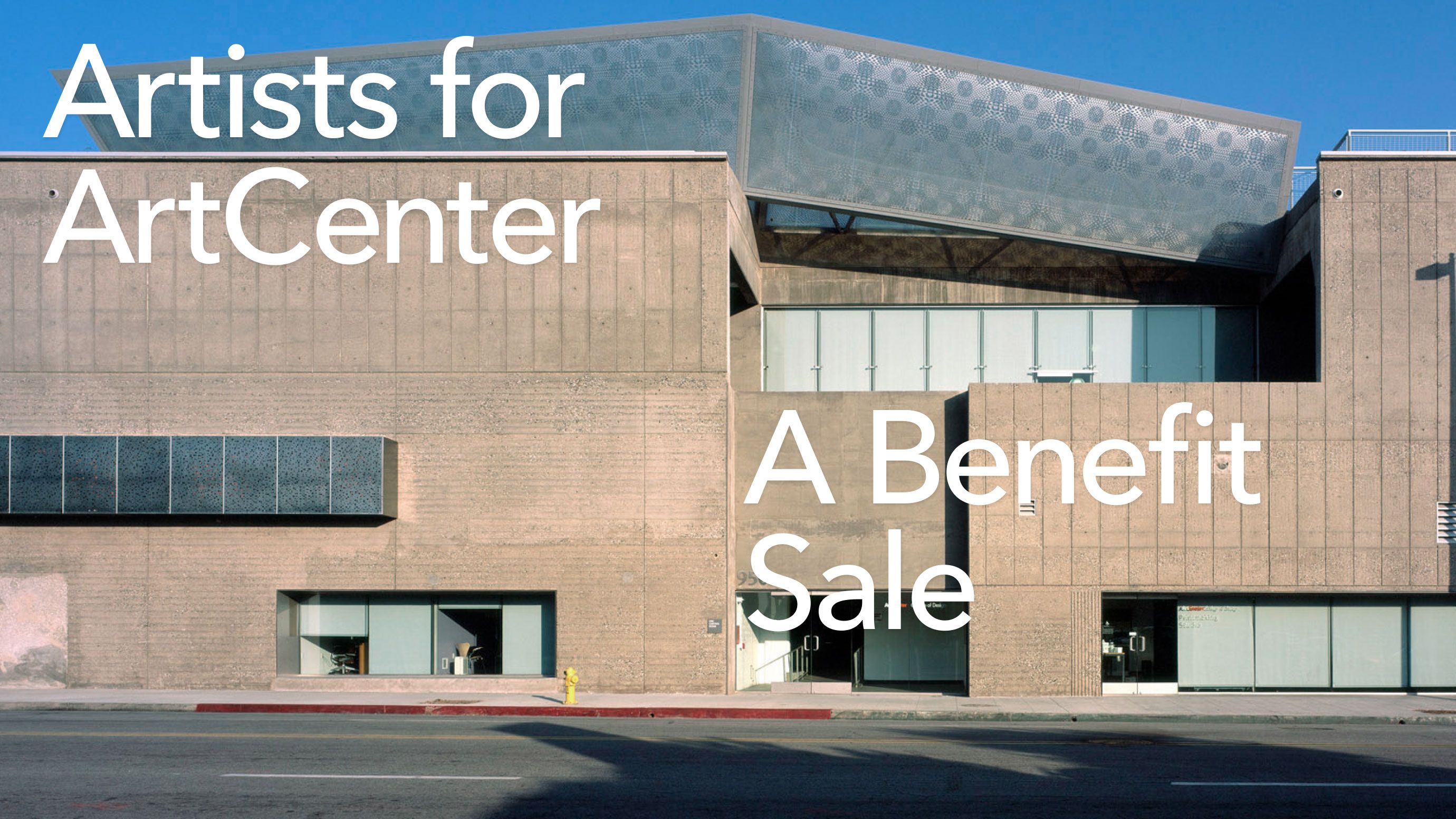 A photograph of ArtCenter's South Campus, overlaid with the viewing room title Artists for Art Center: A Benefit Sale. 