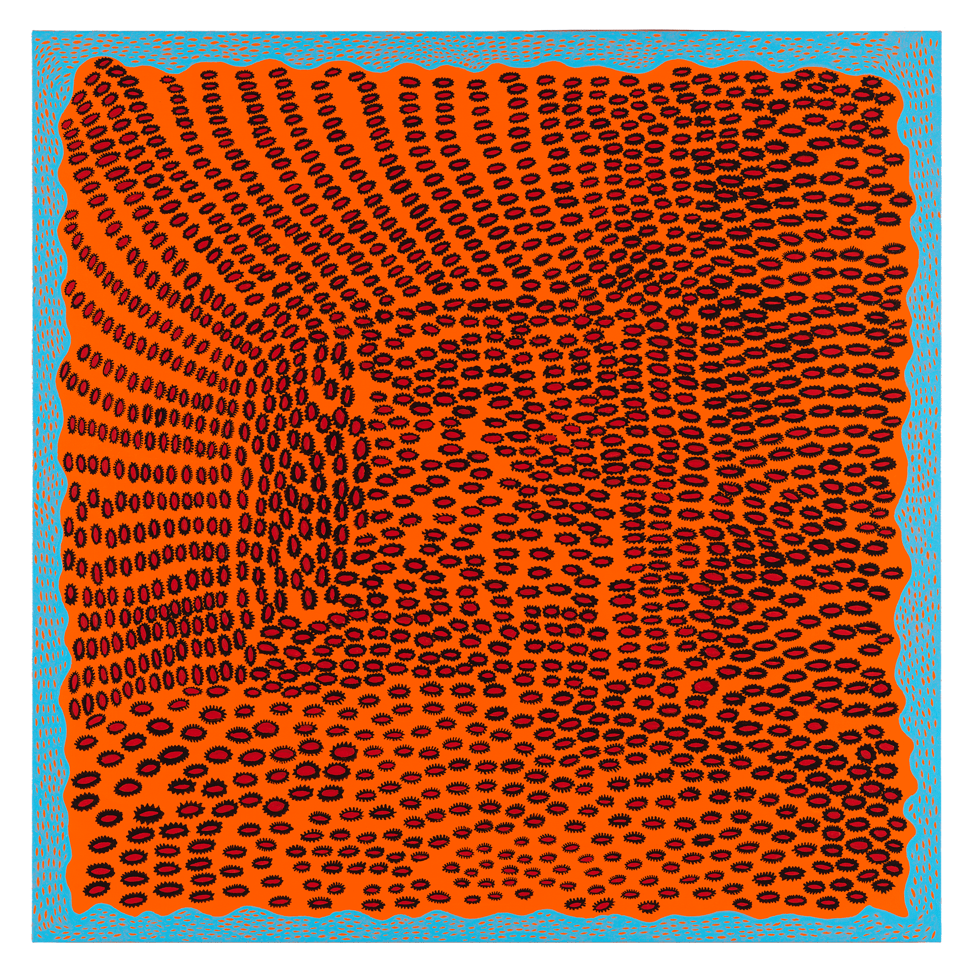A painting by Yayoi Kusama, titled Here, Another Night Comes From Trillions of Light Years Away, dated 2017.