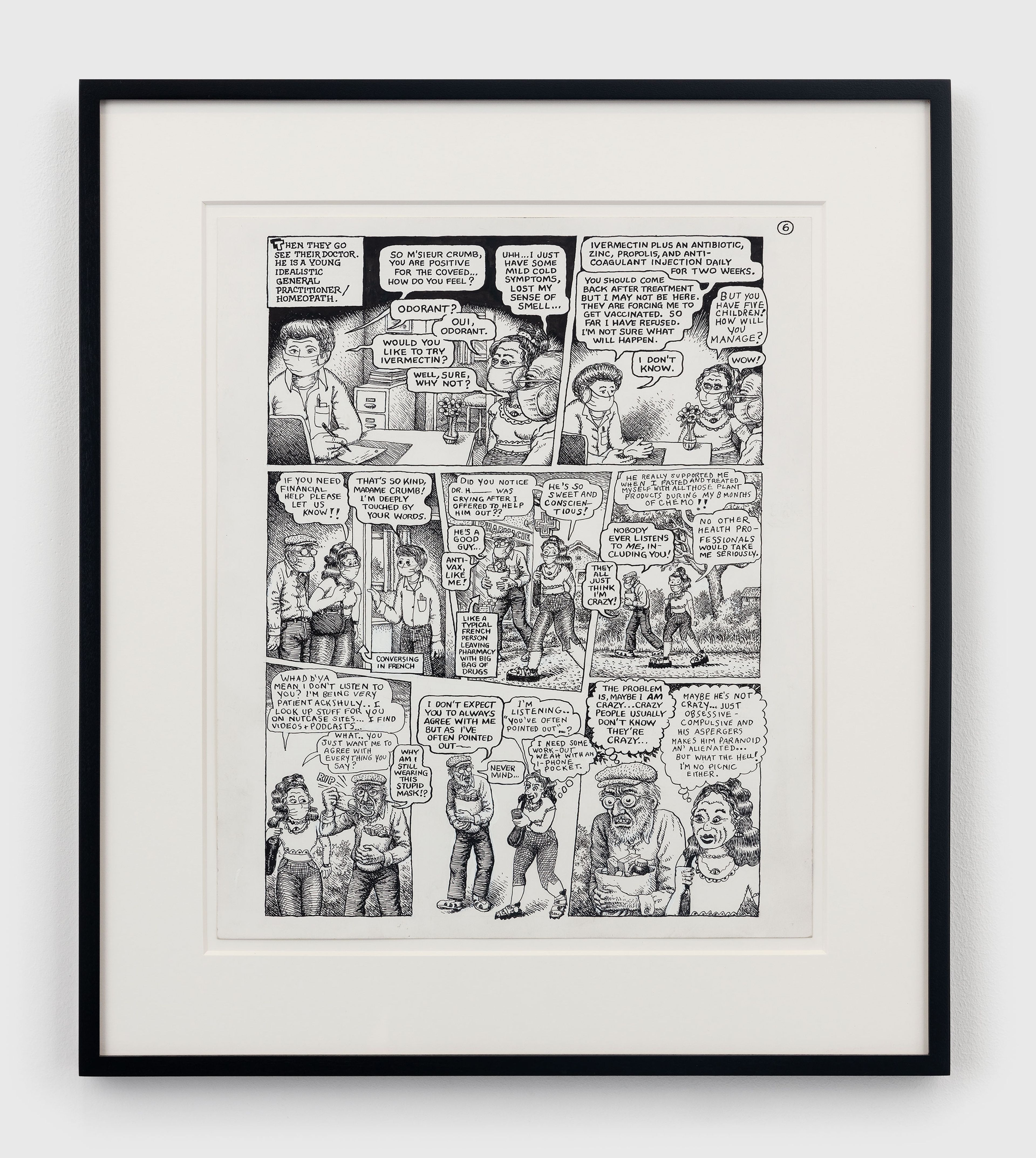 A 10-page ink and correction fluid on paper artwork by Aline Kominsky-Crumb and R. Crumb, titled Crumb Family Covid Exposé, dated 2021.