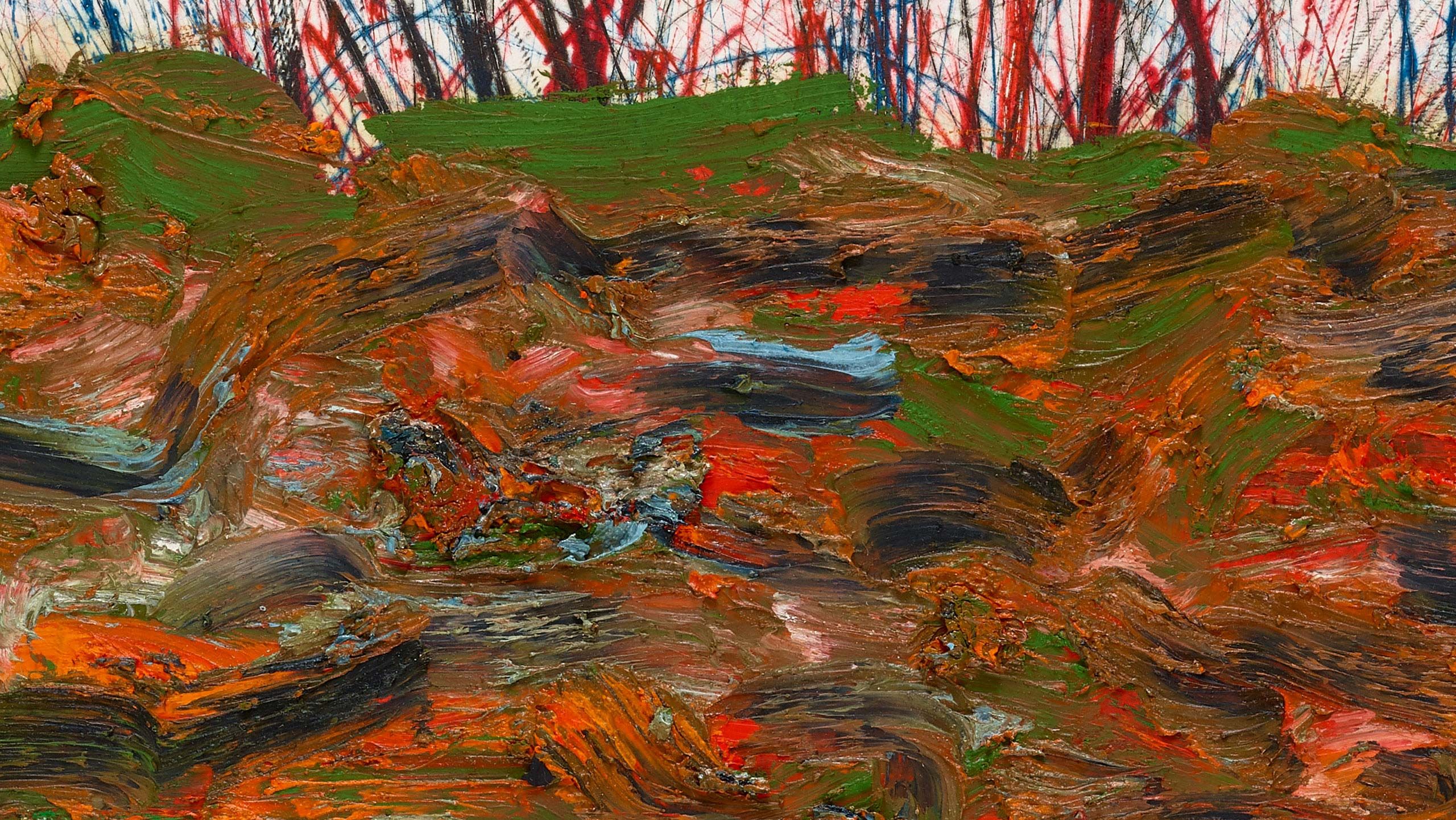 A detail of a painting by Oscar Murillo, titled surge (poetics of flight), dated 2021