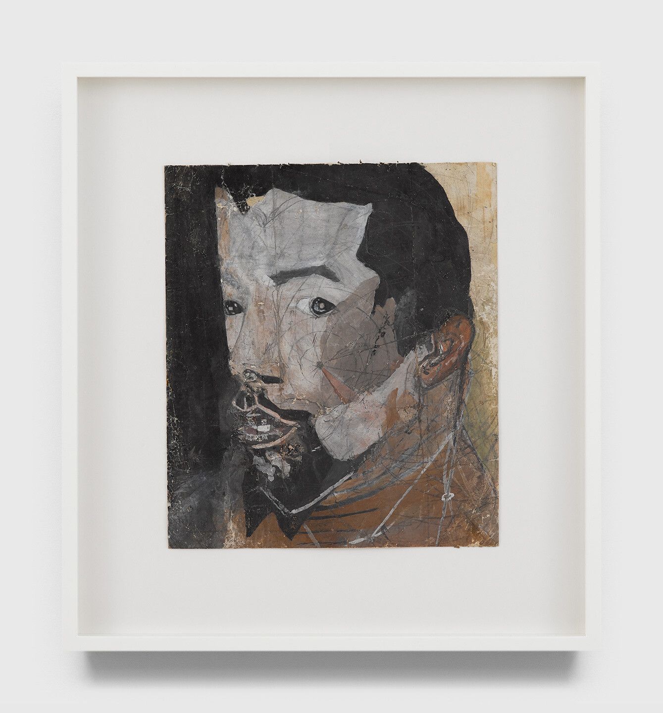 An undated oil and graphite painting on paper by Frank Walter, titled Untitled (Self-Portrait with spider web on face).