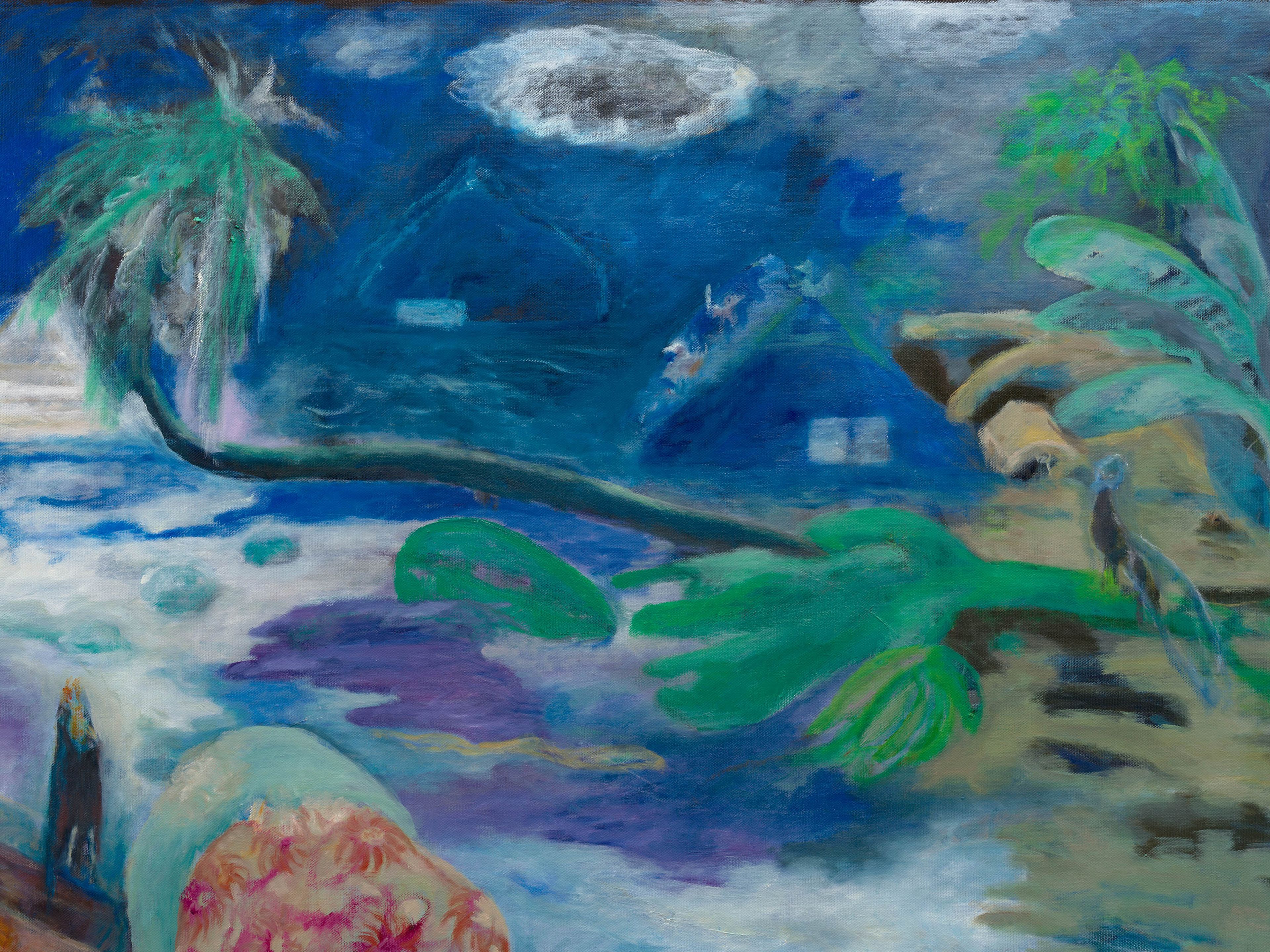 A detail from a painting by Sosa Joseph, titled Amma wants to finish singing before the flood drowns her, dated 2024 to 2025.A painting by Sosa Joseph, titled Amma wants to finish singing before the flood drowns her, dated 2024 to 2025.