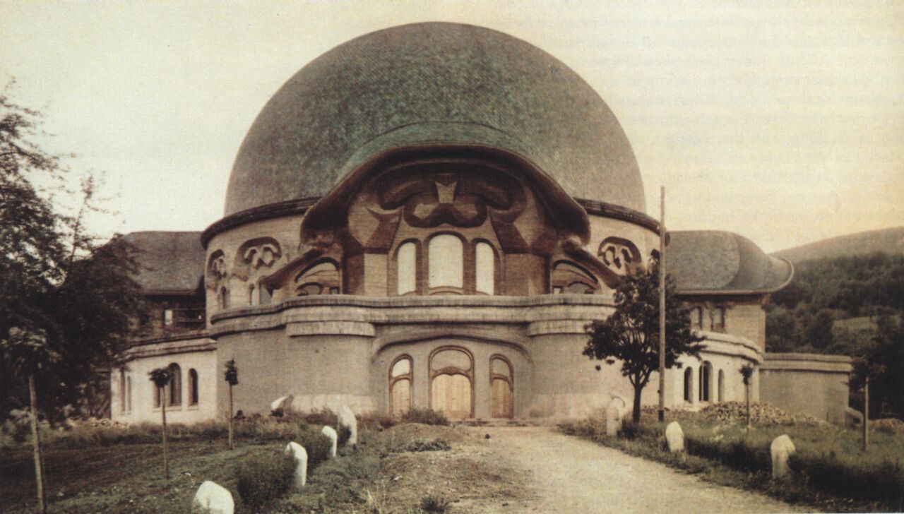 A photo of the First Goetheanum; built 1913-1920 in Switzerland; destroyed in a fire on December 31, 1922.