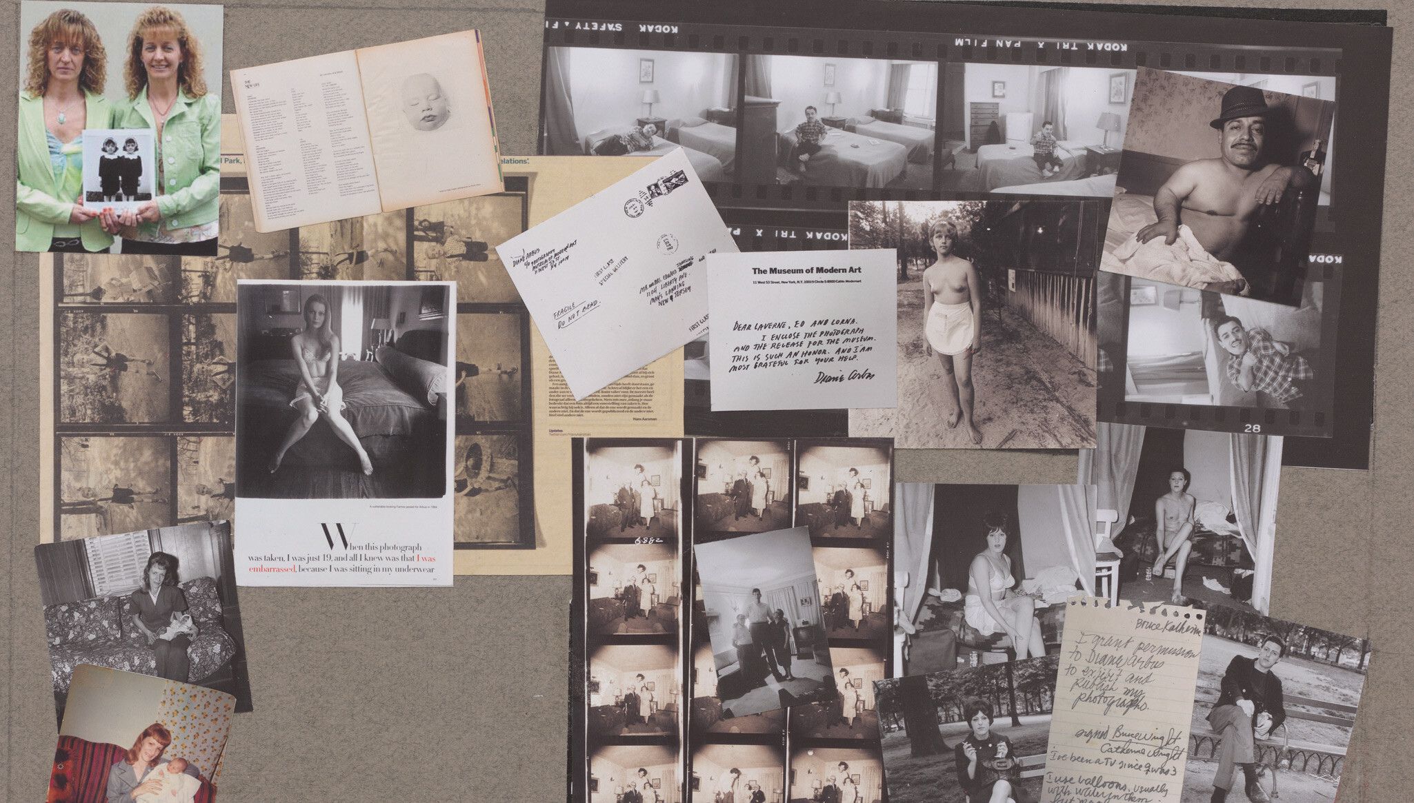 A collaged archival materials featured in Diane Arbus: Documents, co-published by David Zwirner Books and Fraenkel Gallery, dated 2022
