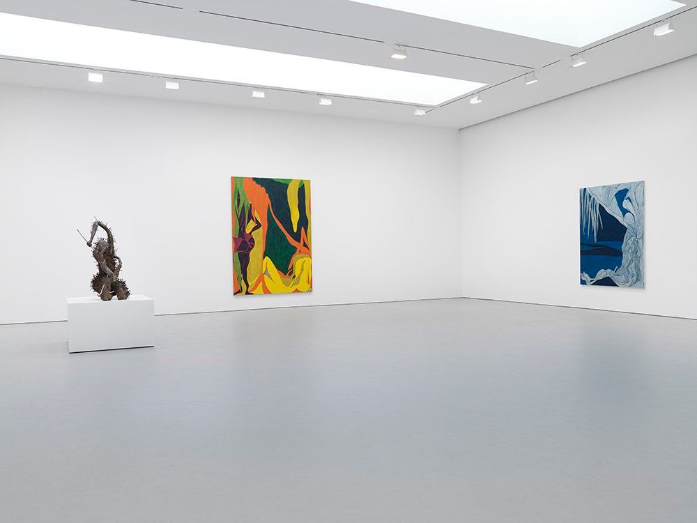 Installation view of the exhibition Chris Ofili: Devil's Pie, at David Zwirner in New York, dated 2007.