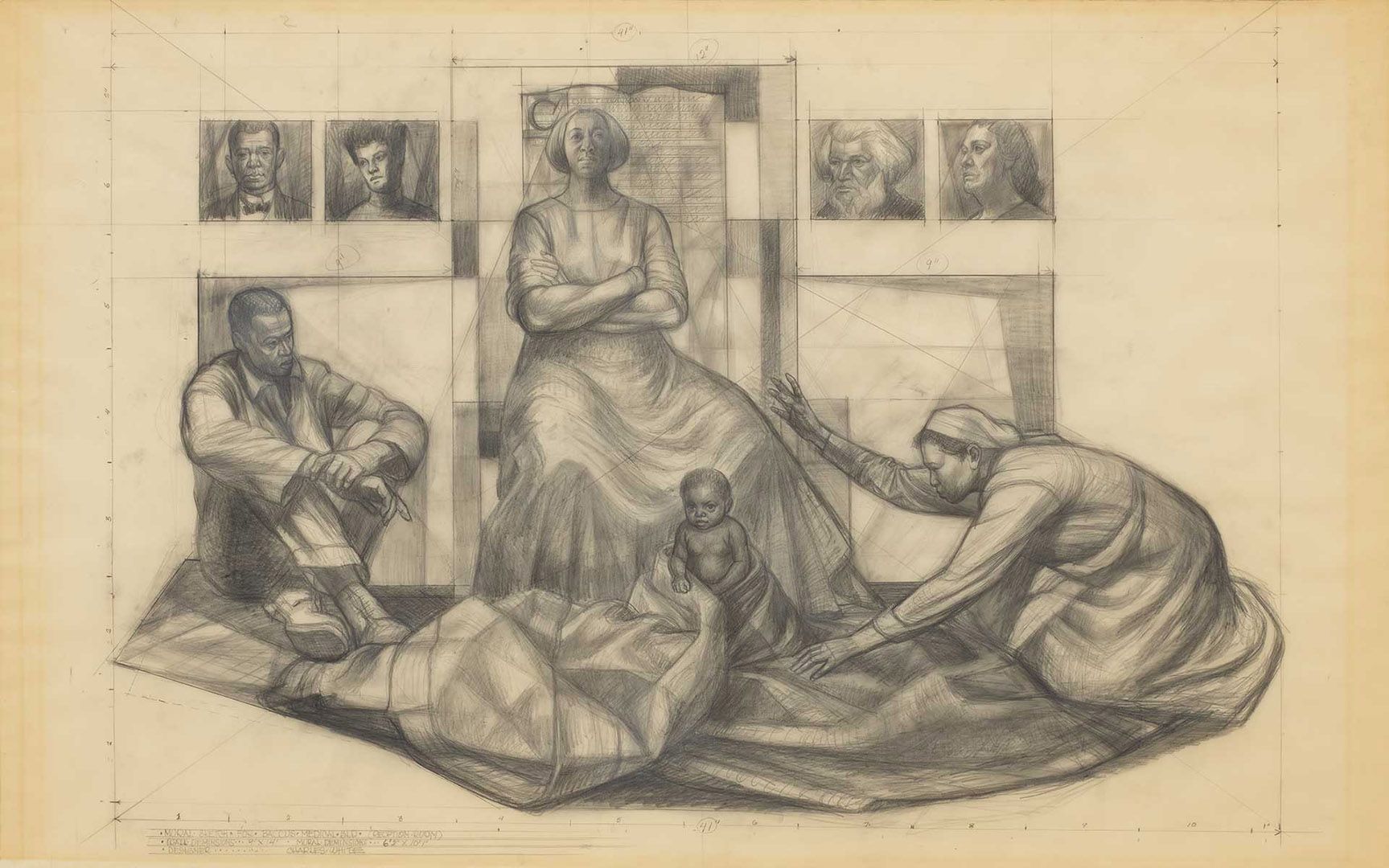 A drawing on paper by Charles White, titled Study for Mural ‚Äì Baccus Medical Building, dated 1961.
