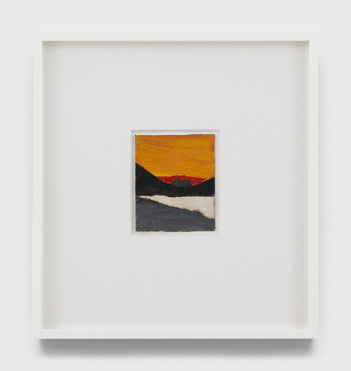 An undated oil painting on Polaroid film cartridge box by Frank Walter, titled Untitled (Red sunrise, orange sky).